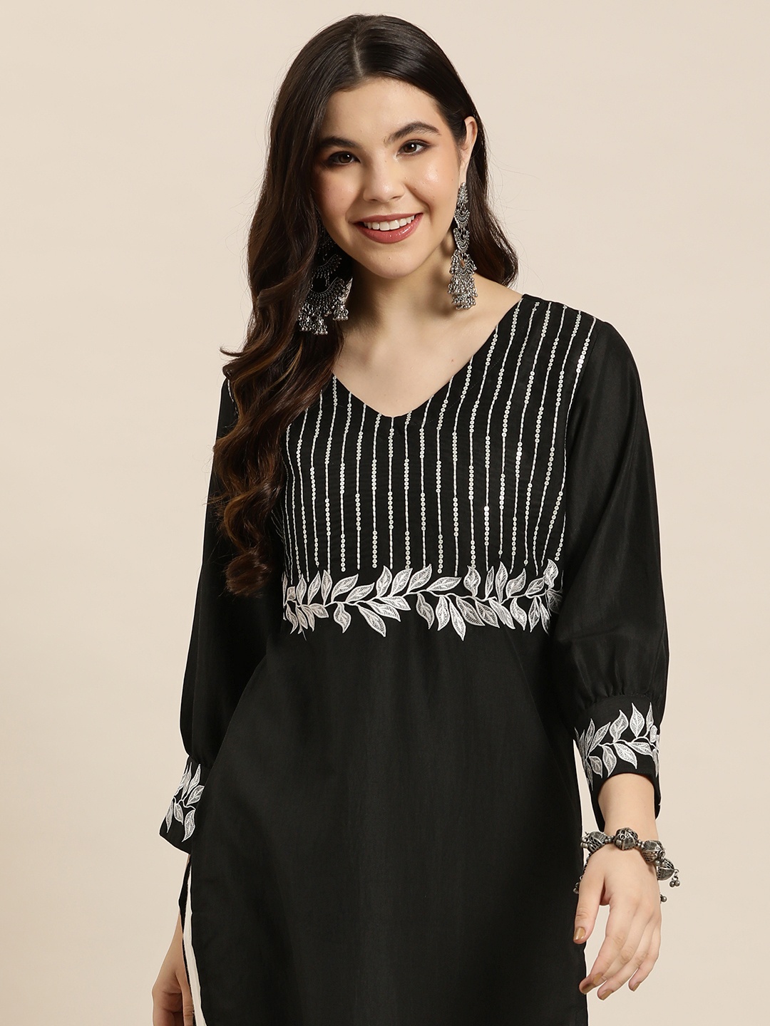 

HERE&NOW Embroidered Yoke Design Sequin Detail Kurta, Black