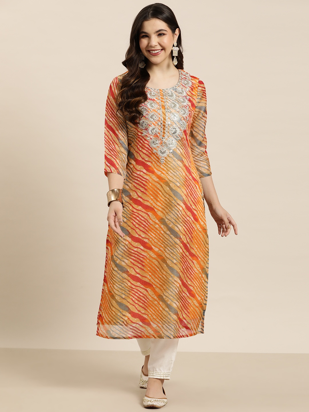 

HERE&NOW Leheriya Print Zari Yoke Design Kurta, Beige