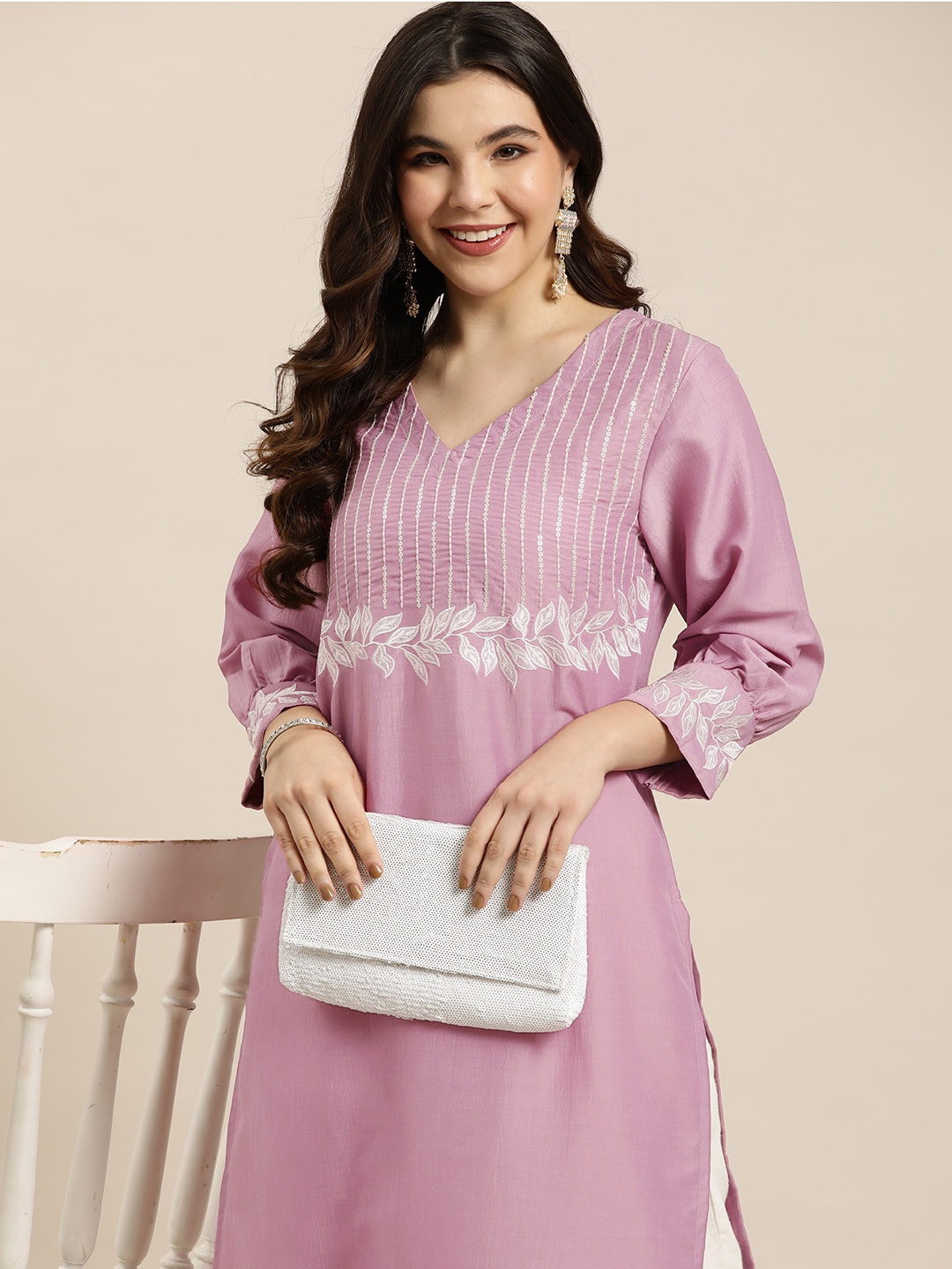 

HERE&NOW Embroidered Yoke Design Sequin Detail Kurta, Pink
