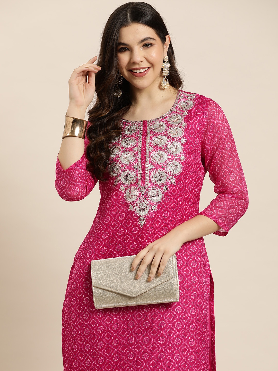 

HERE&NOW Bandhani Print Zari Yoke Design Kurta, Pink