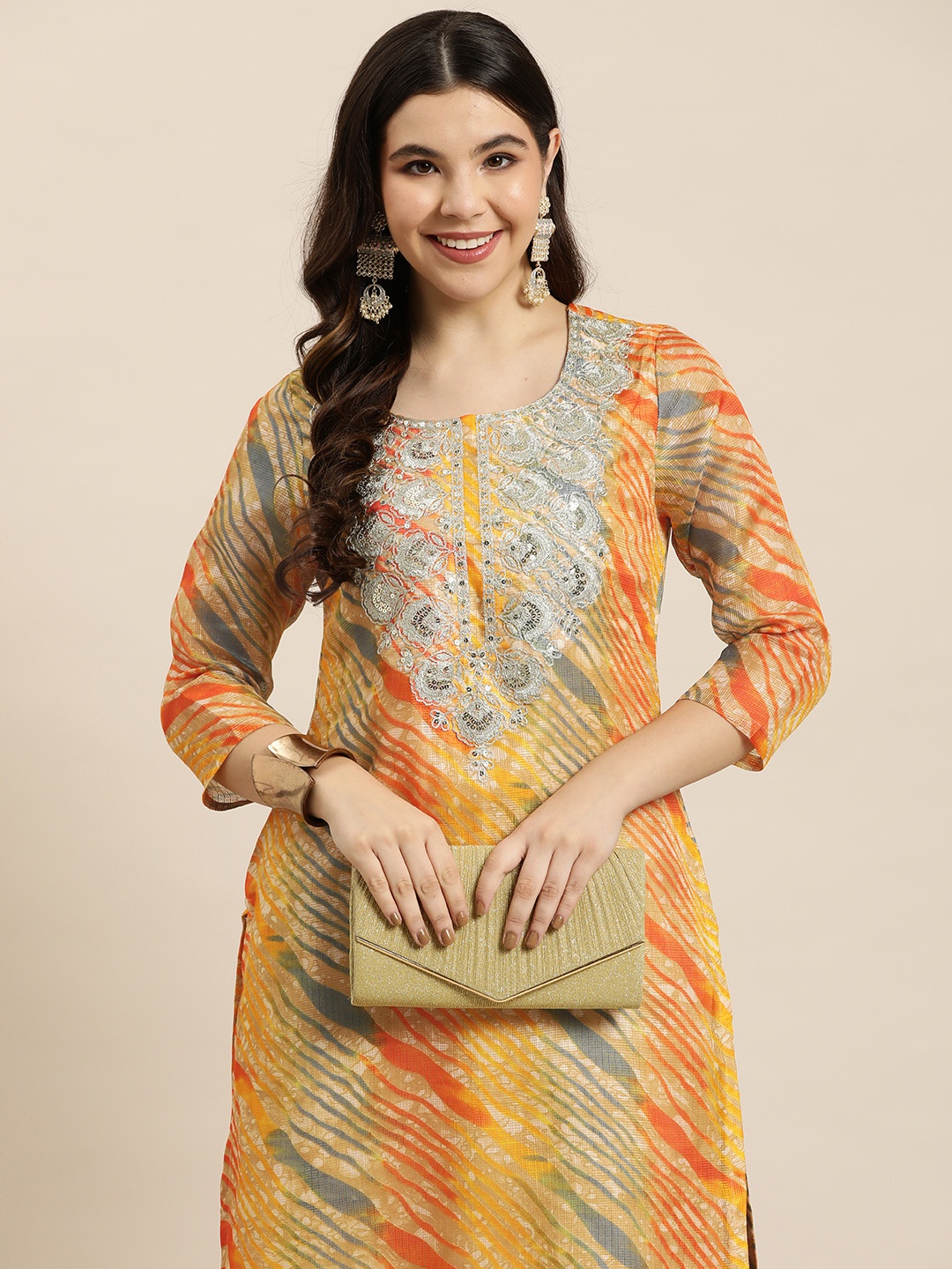 

HERE&NOW Leheriya Print Zari Yoke Design Kurta, Beige