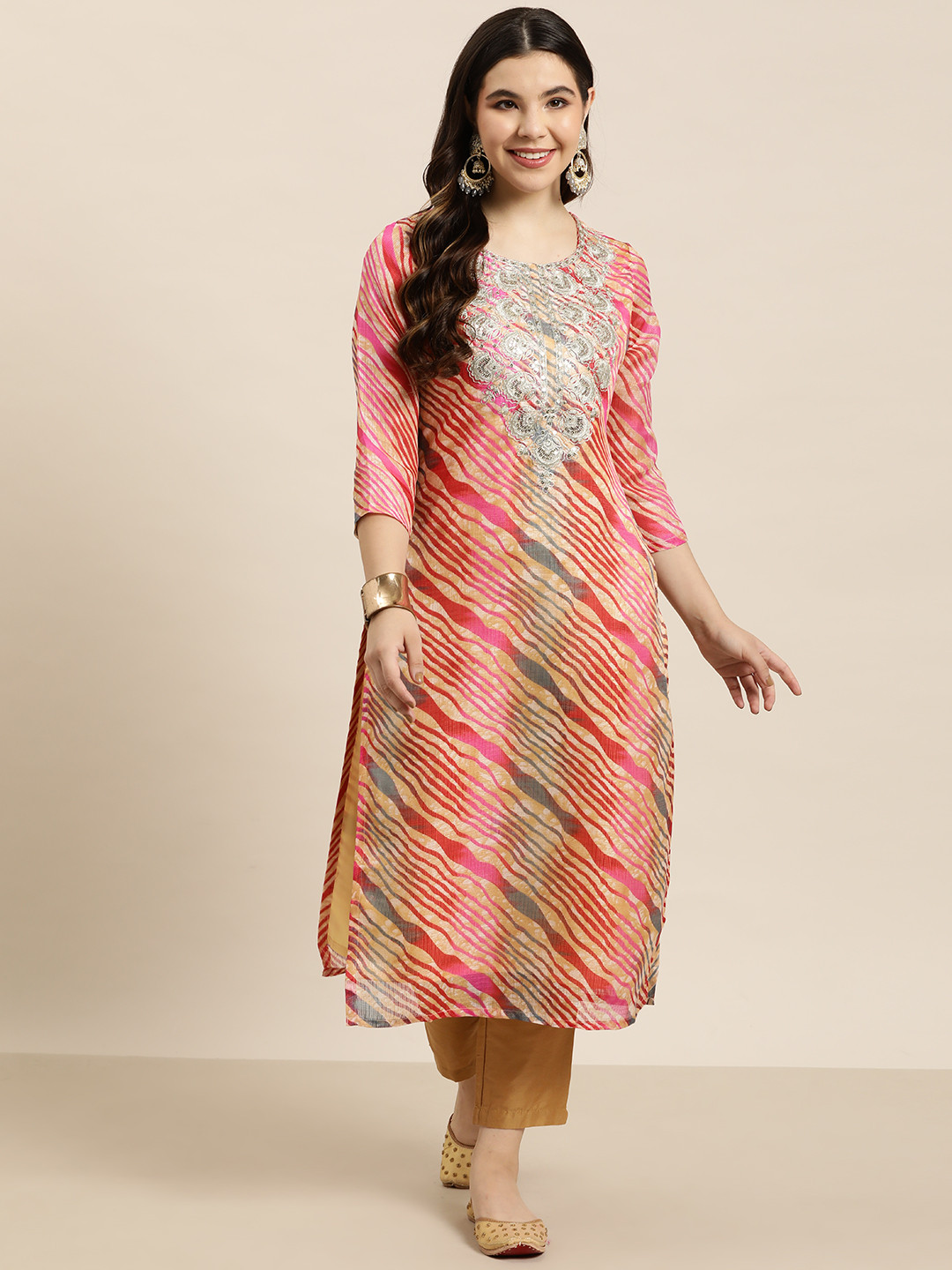 

HERE&NOW Leheriya Print Zari Yoke Design Kurta, Beige