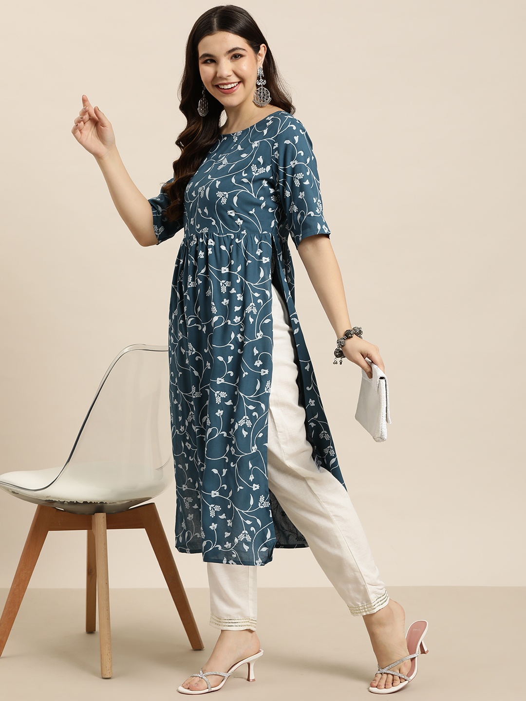 

HERE&NOW Floral Printed High Slit Kurta, Teal
