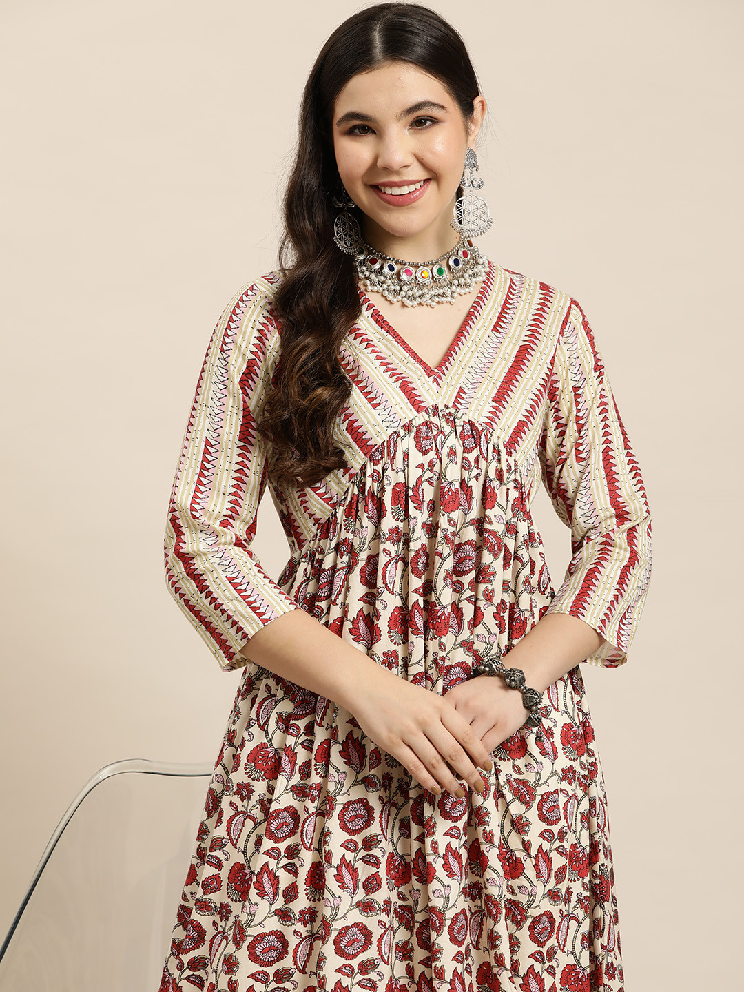 

HERE&NOW Floral Printed Empire Kurta, Off white