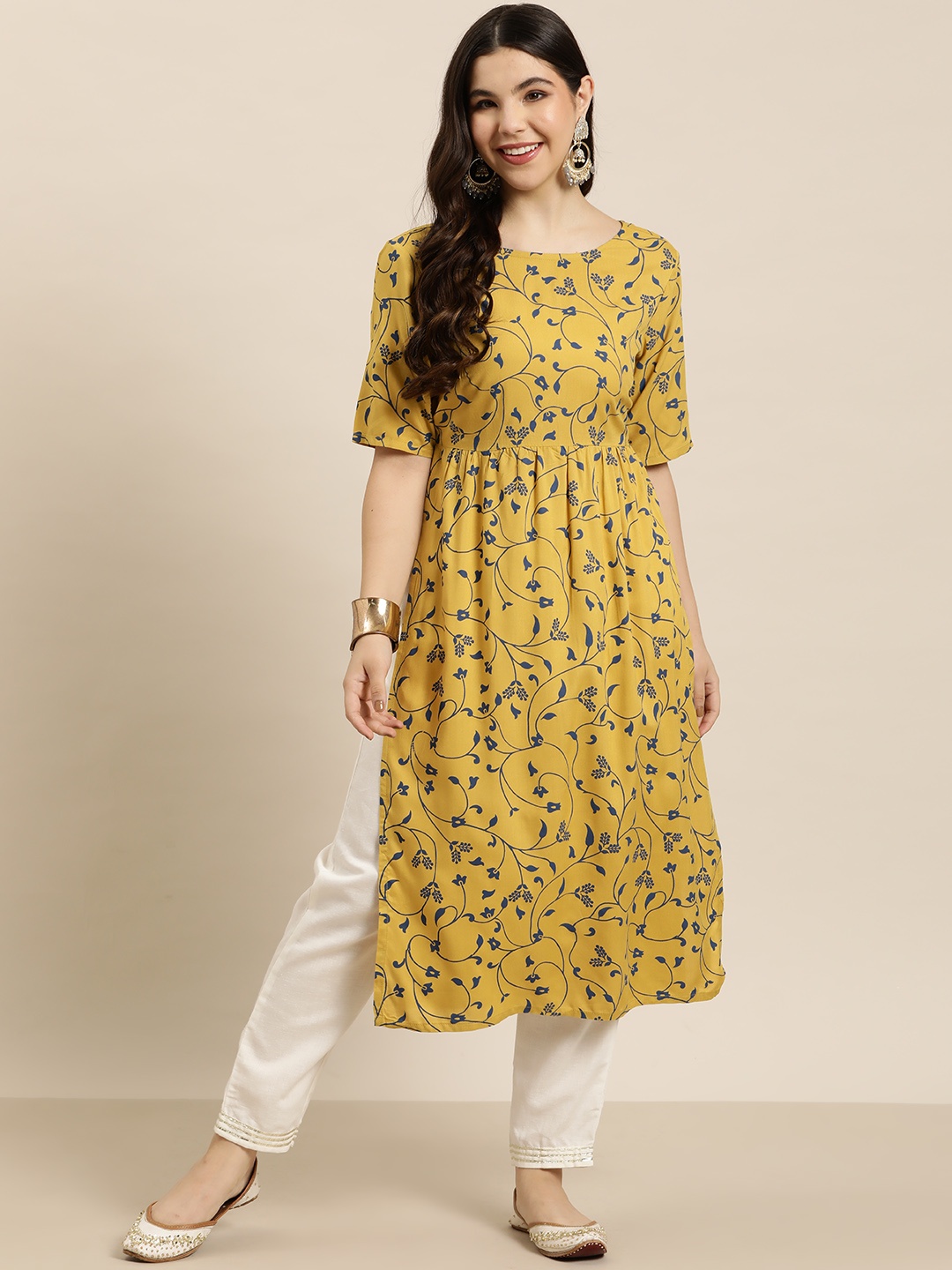 

HERE&NOW Floral Printed High Slit Kurta, Mustard