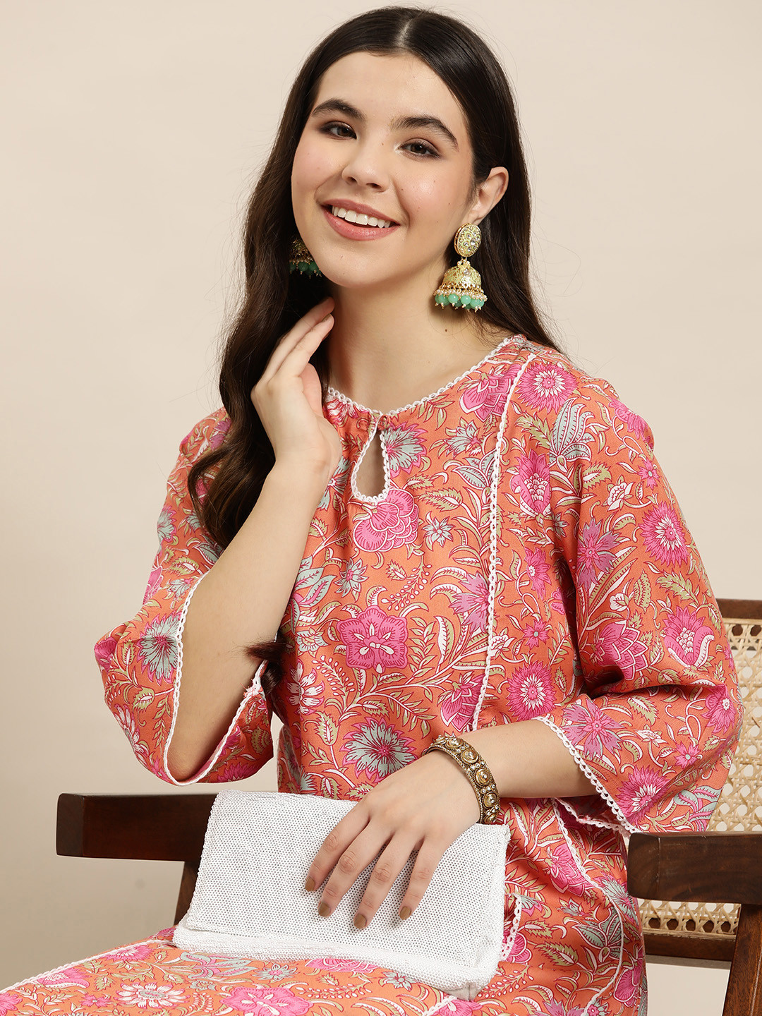 

HERE&NOW Floral Print Keyhole Neck Pure Cotton Kurta, Peach