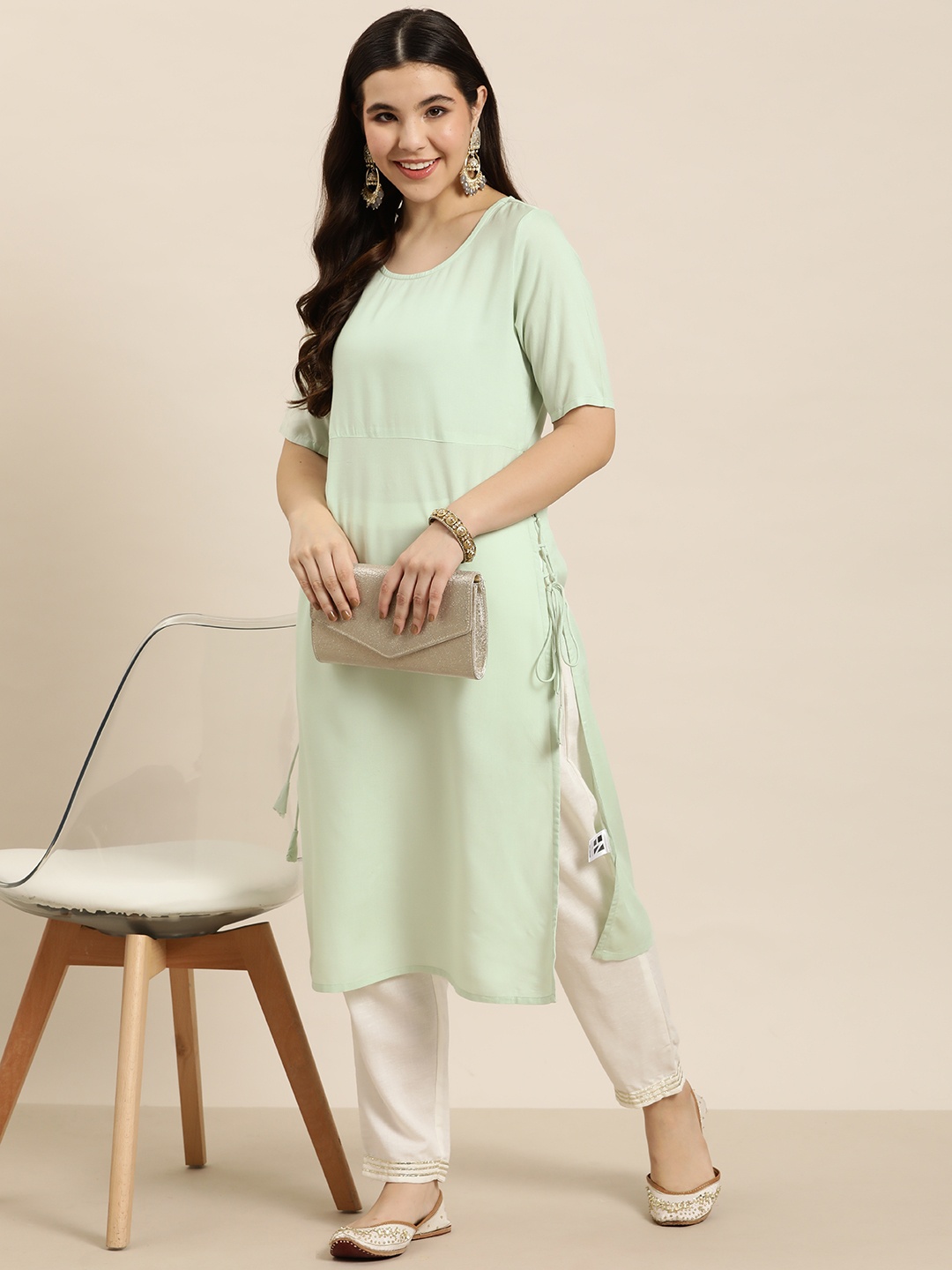 

HERE&NOW Lace-Up Detail Kurta, Green