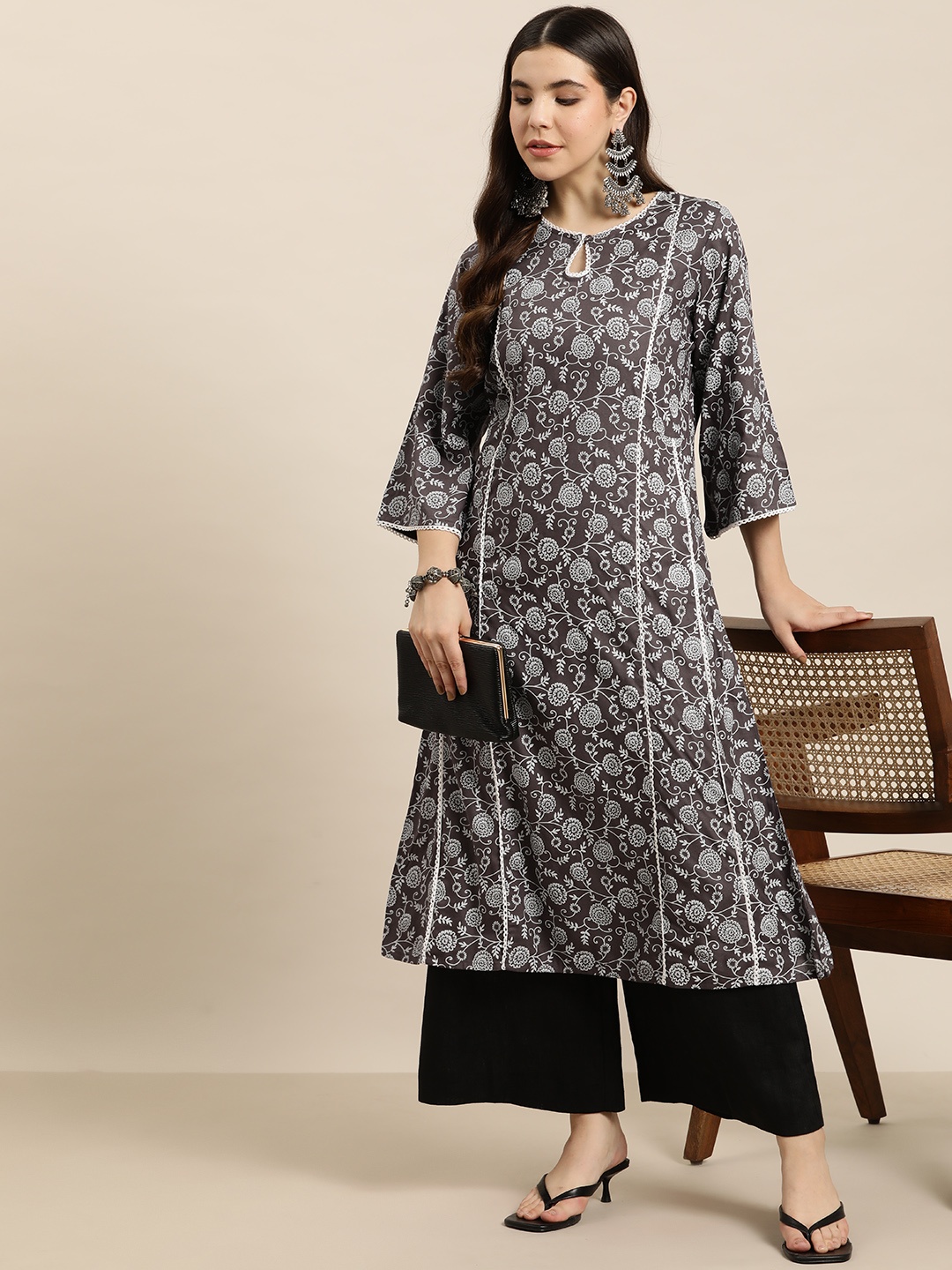 

HERE&NOW Floral Print Keyhole Neck Pure Cotton Kurta, Charcoal