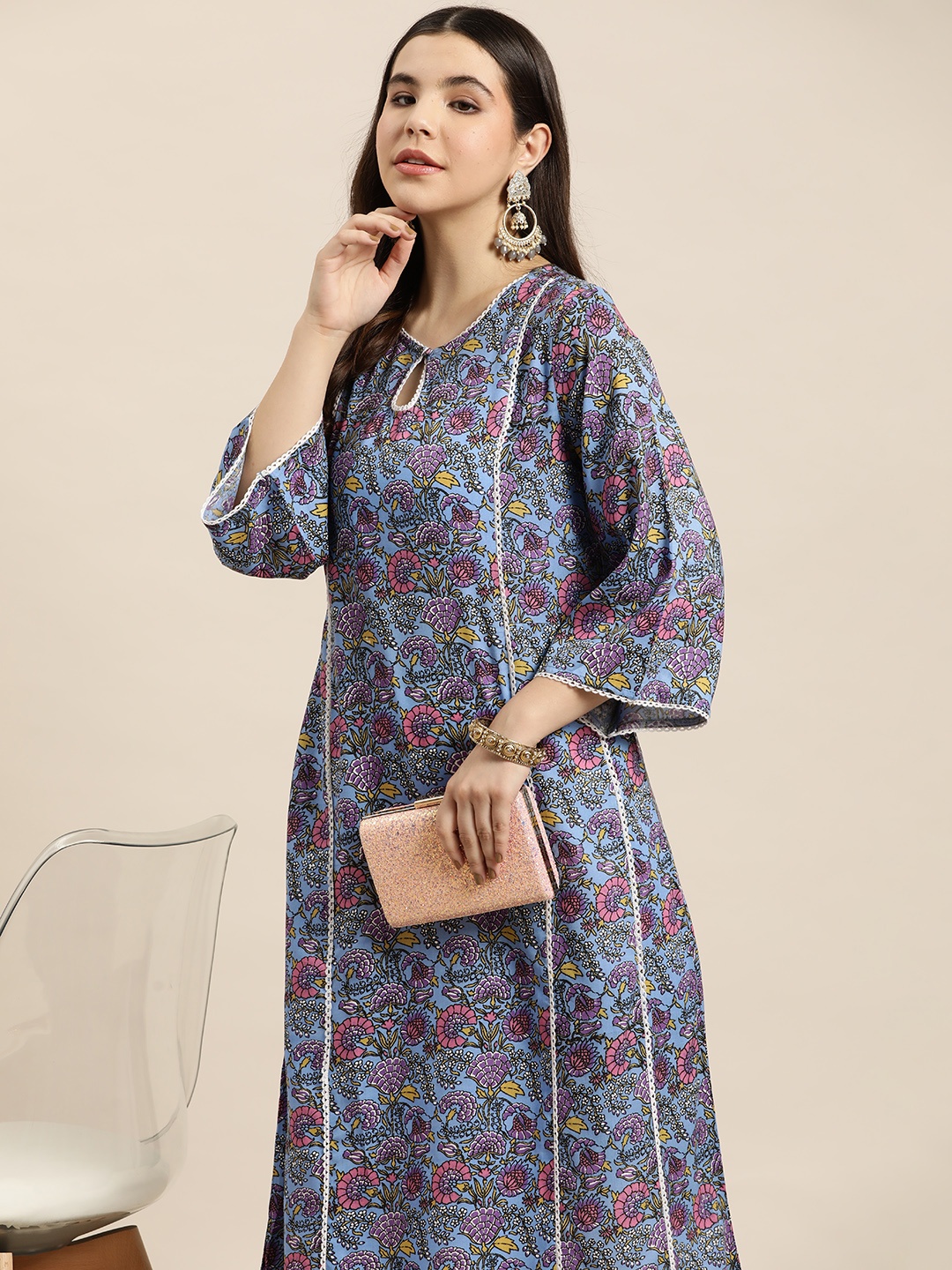 

HERE&NOW Floral Print Keyhole Neck Pure Cotton Kurta, Blue