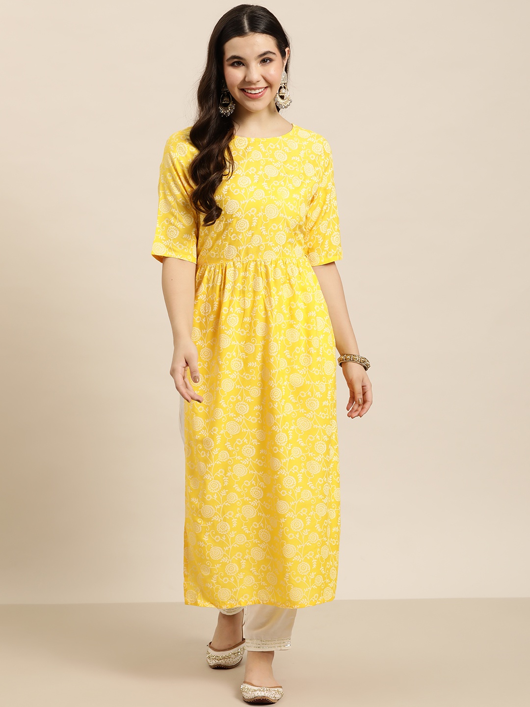 

HERE&NOW Floral Print High Slit Kurta, Yellow