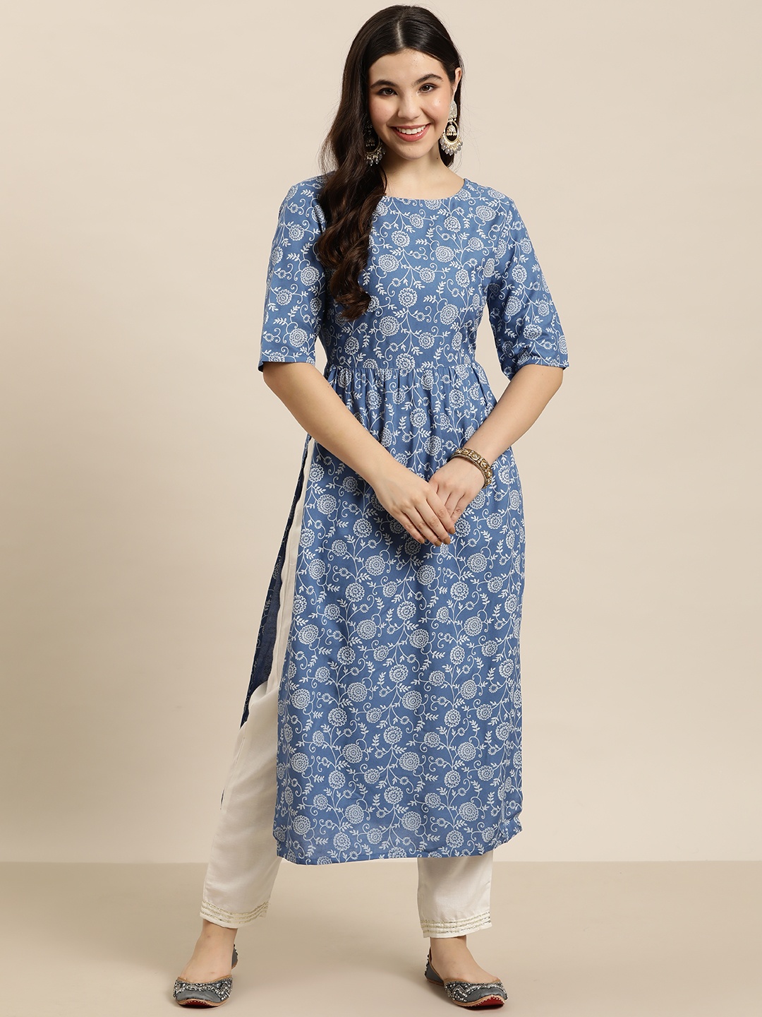 

HERE&NOW Floral Print High Slit Kurta, Blue