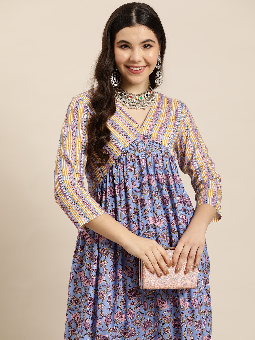 

HERE&NOW Floral Printed Empire Kurta, Blue