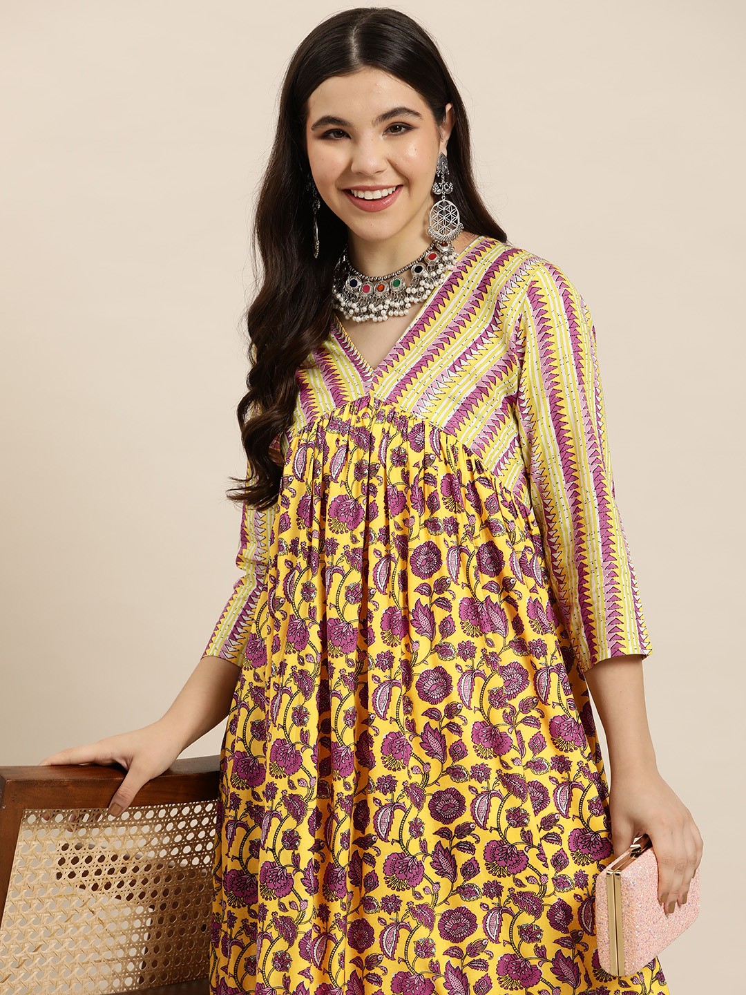 

HERE&NOW Floral Printed Empire Kurta, Mustard