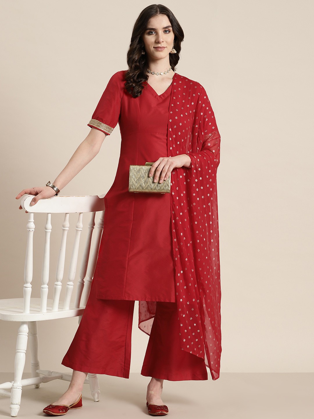

HERE&NOW Gotta Patti Detail Kurta with Palazzos & Dupatta, Red