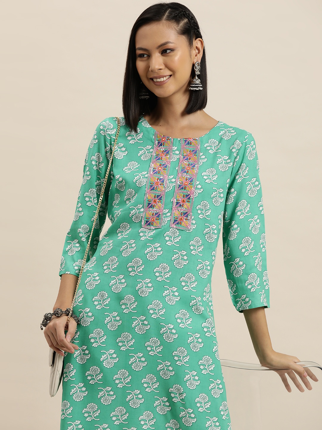 

HERE&NOW Ethnic Motifs Printed Thread Work Kurta, Green