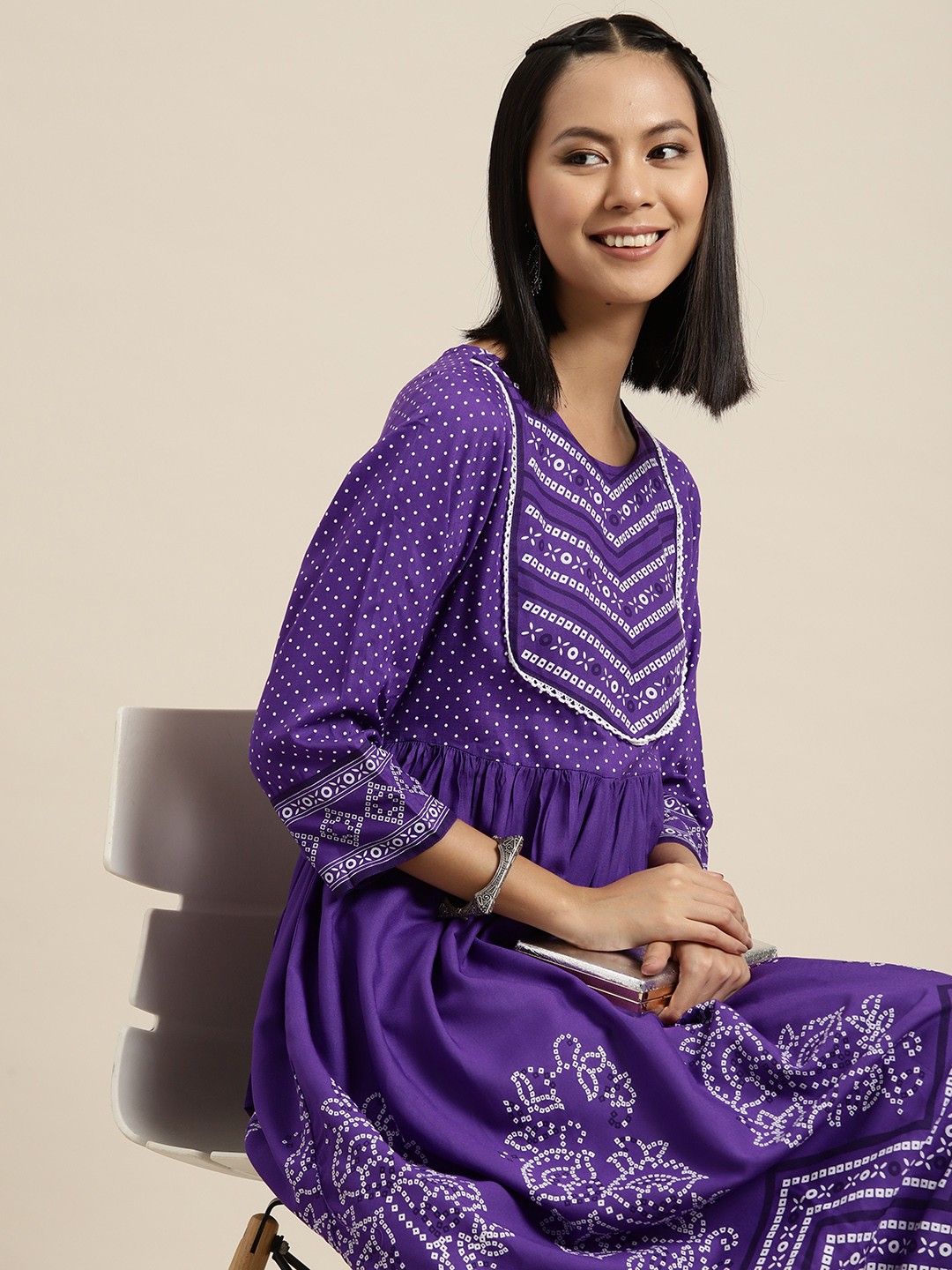 

HERE&NOW Ethnic Motifs Print A-Line Kurta, Purple