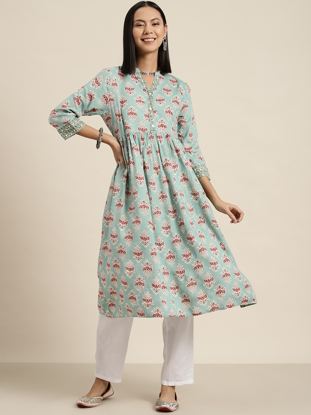 

HERE&NOW Women Ethnic Motifs Printed A-Line Kurta, Green