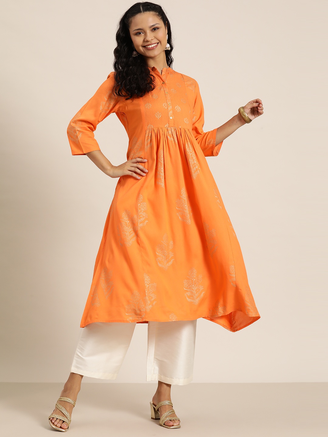 

HERE&NOW Ethnic Motifs Printed Pleated Kurta, Orange
