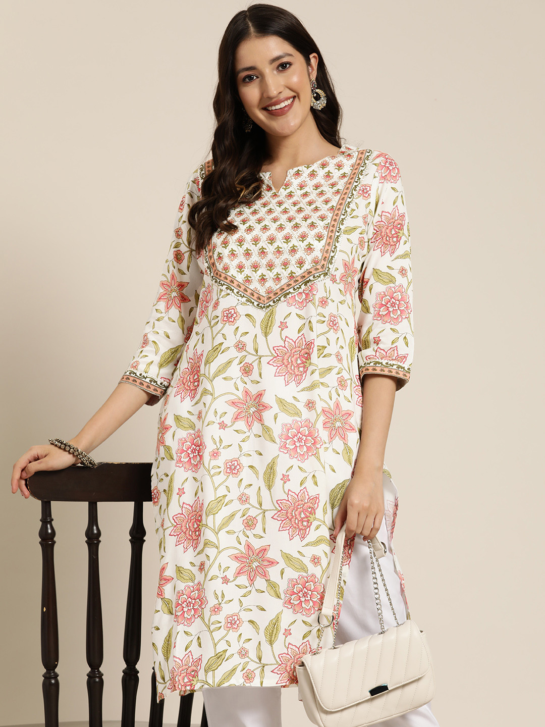 

HERE&NOW Floral Printed Gotta Patti Kurta, White