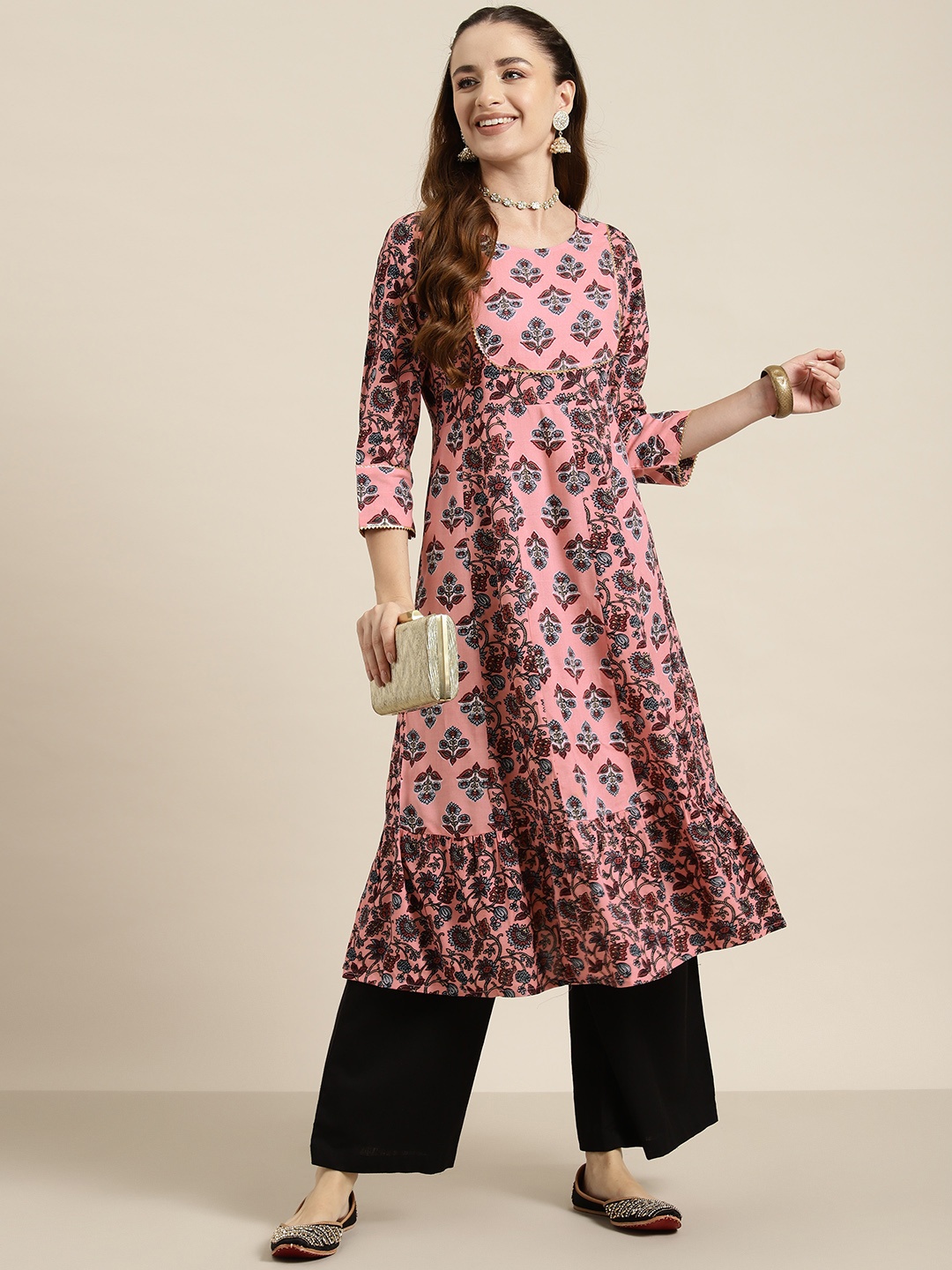 

HERE&NOW Ethnic Motifs Printed Gotta Patti A-Line Kurta, Pink