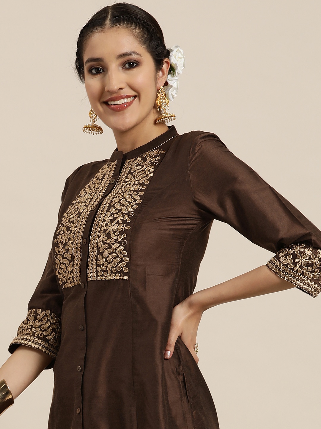 

HERE&NOW Floral Embroidered Kurta with Trousers, Coffee brown