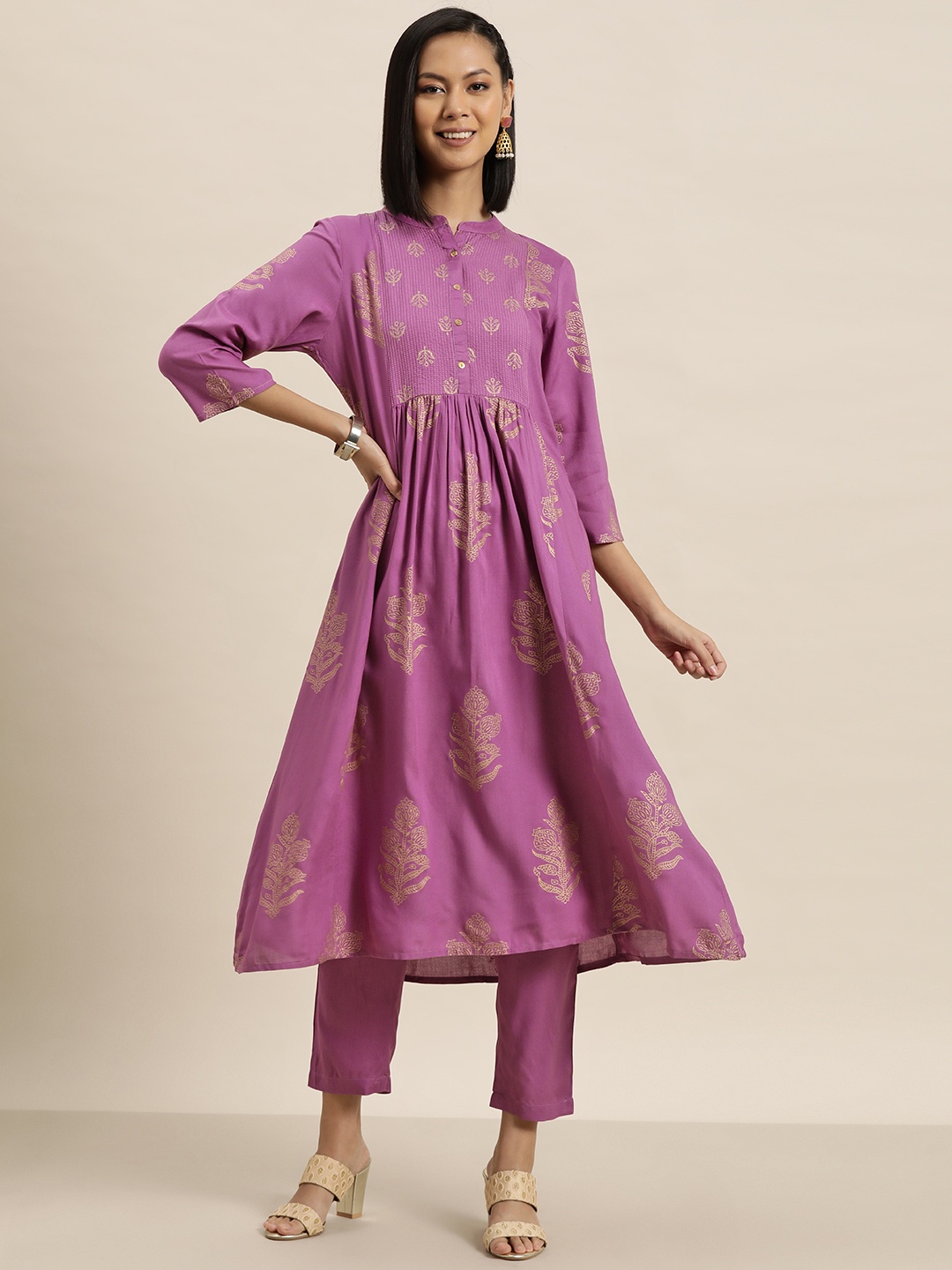 

HERE&NOW Women Ethnic Motifs Printed Kurta with Trousers, Purple