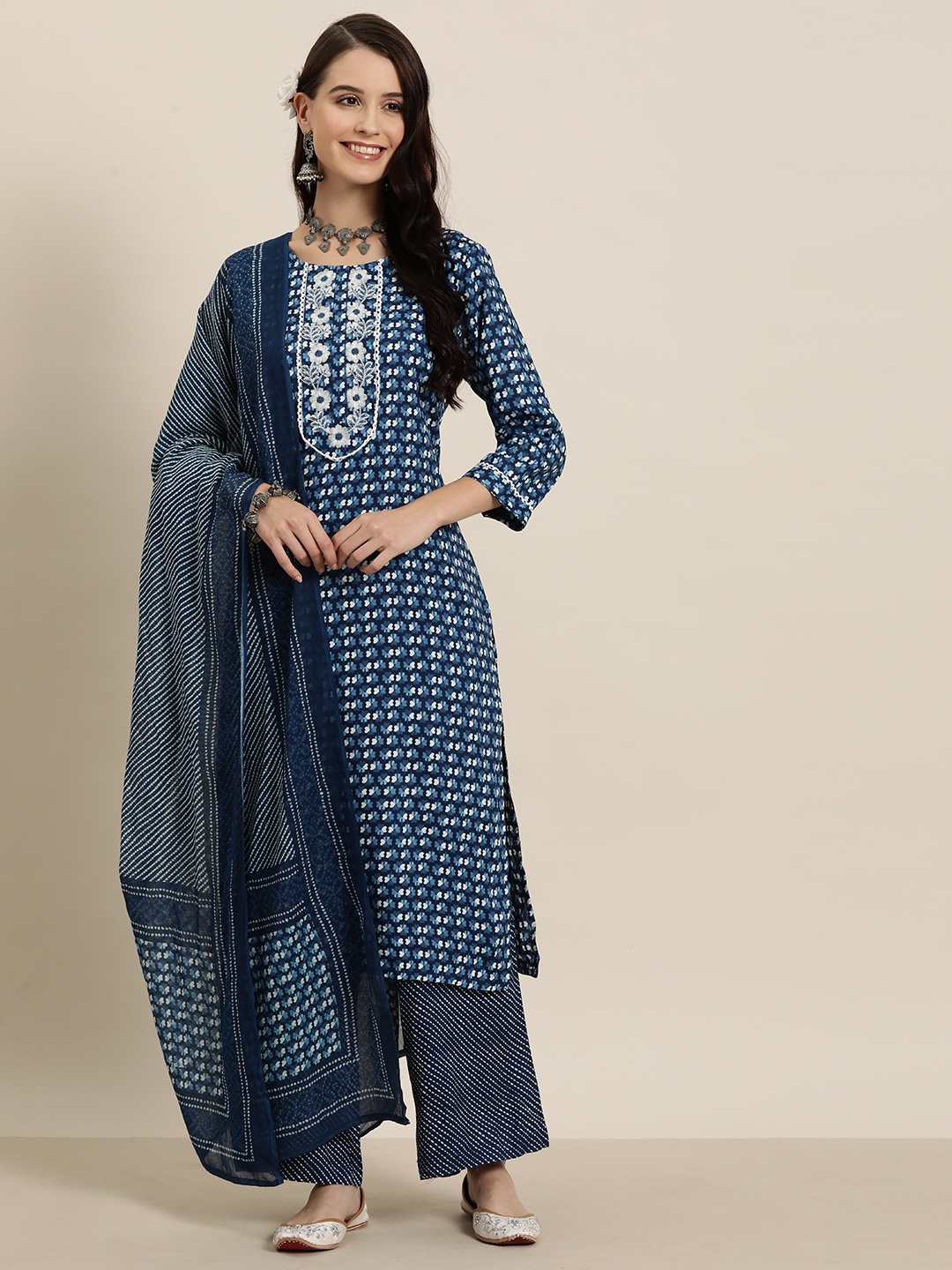 

HERE&NOW Floral Printed Embroidered Yoke Kurta with Palazzos & Dupatta, Blue