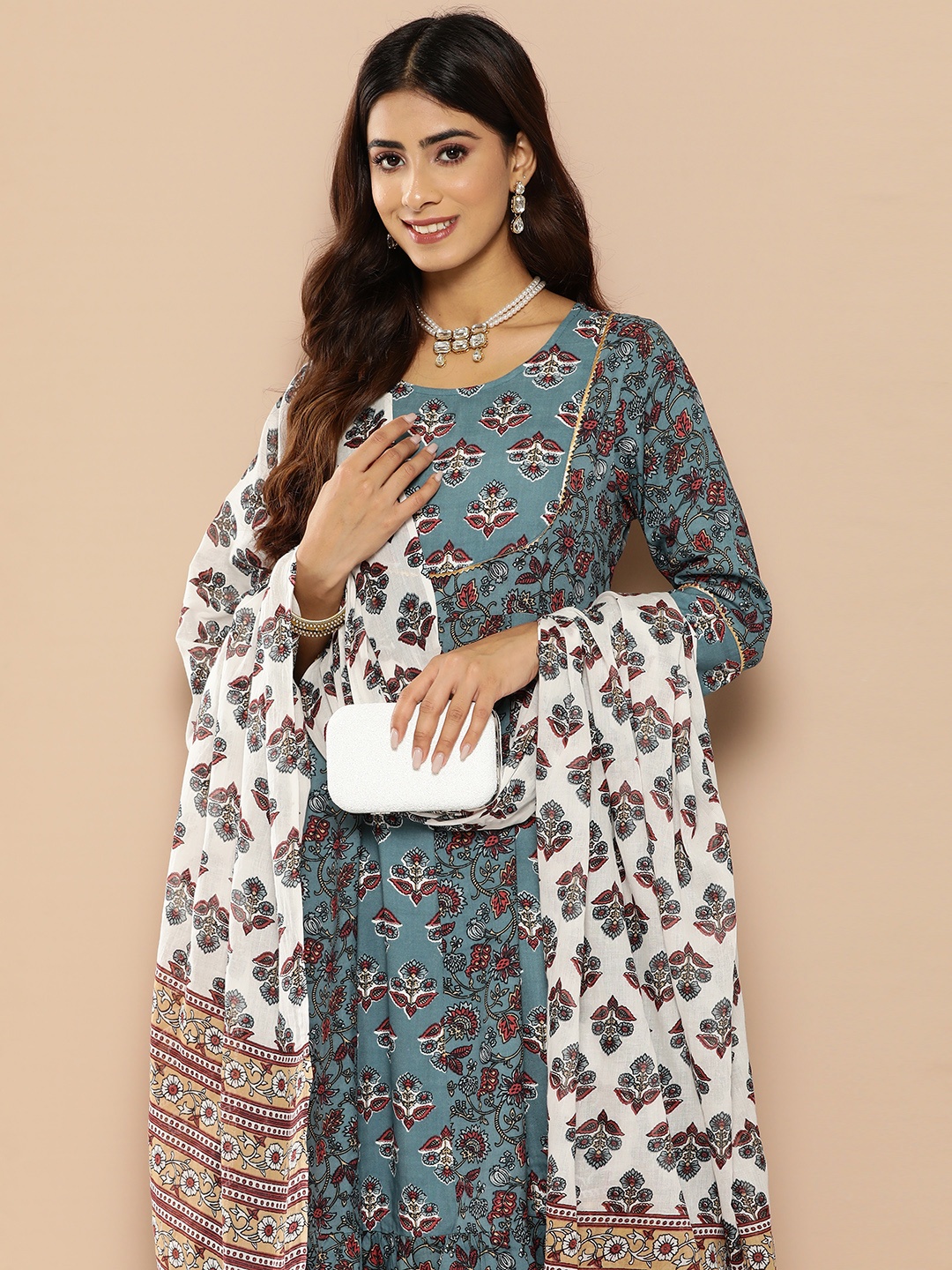 

HERE&NOW Floral Printed Gotta Patti Detailed Kurta with Trousers & Dupatta, Blue