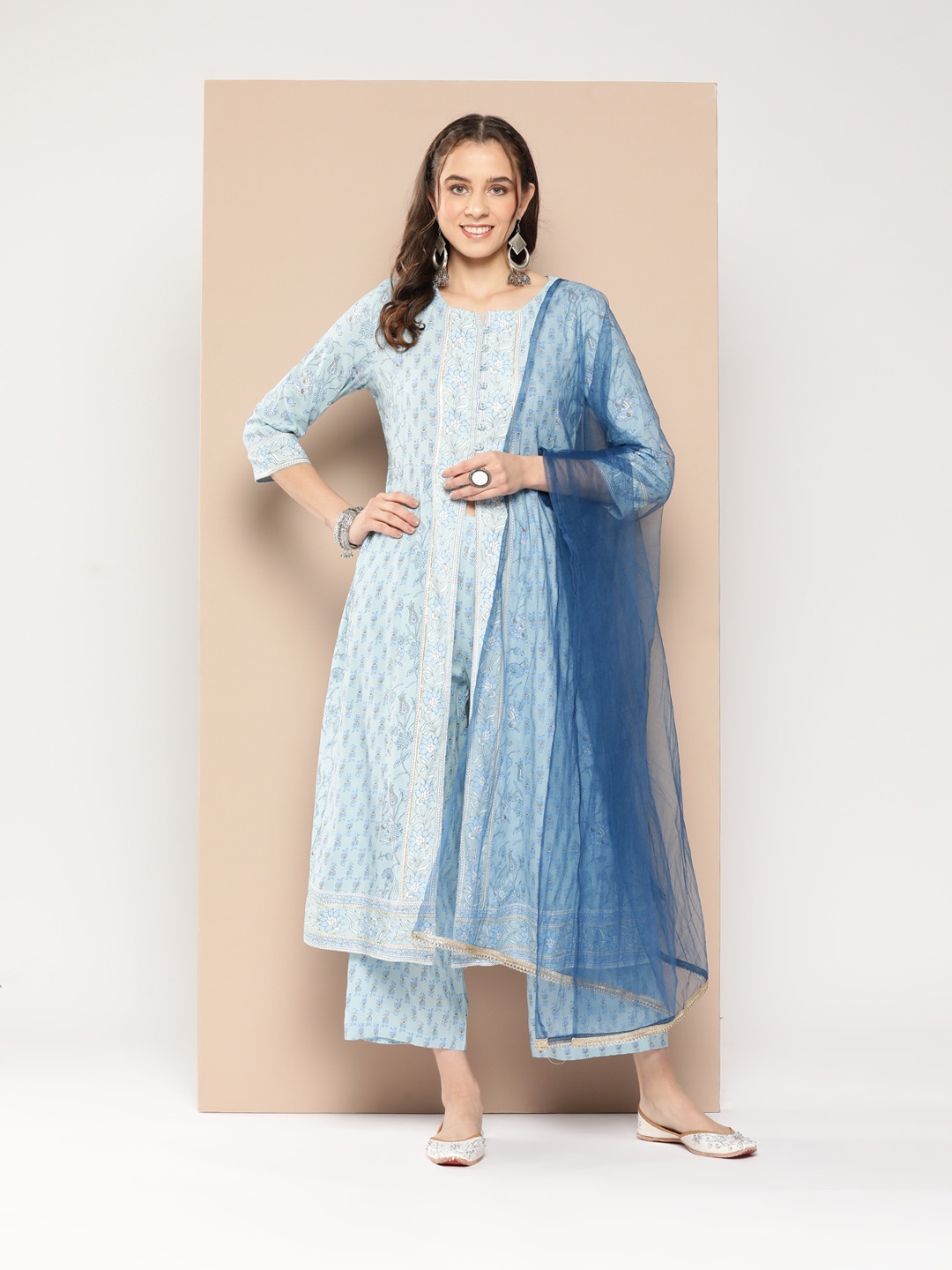 

HERE&NOW Ethnic Motifs Print High Slit Kurta with Palazzos & Dupatta, Blue