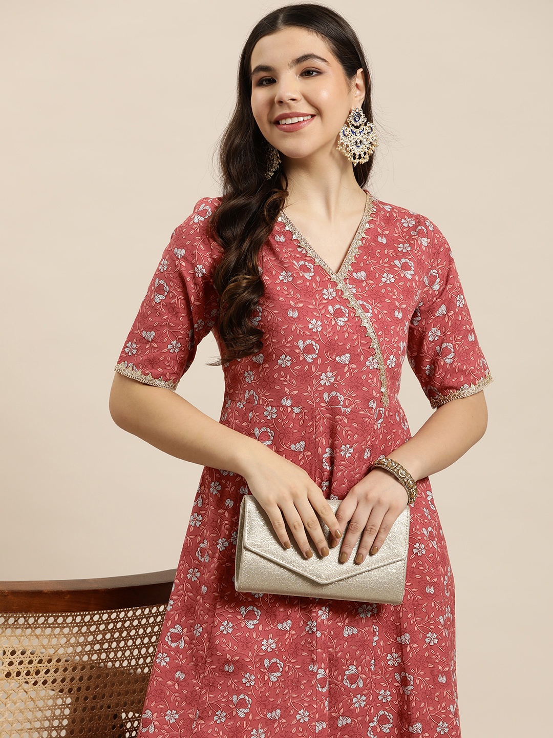 

HERE&NOW Floral Printed Gotta Patti Detail Pure Cotton Kurta, Rust