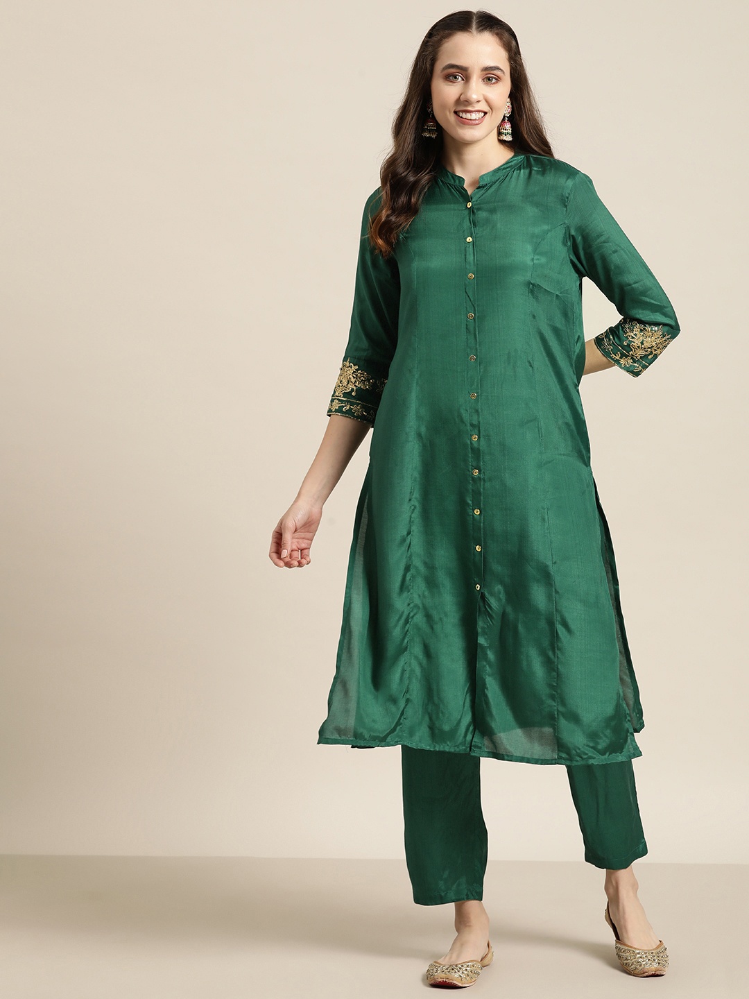 

HERE&NOW Women Mandarin Collar Kurta with Trousers, Green