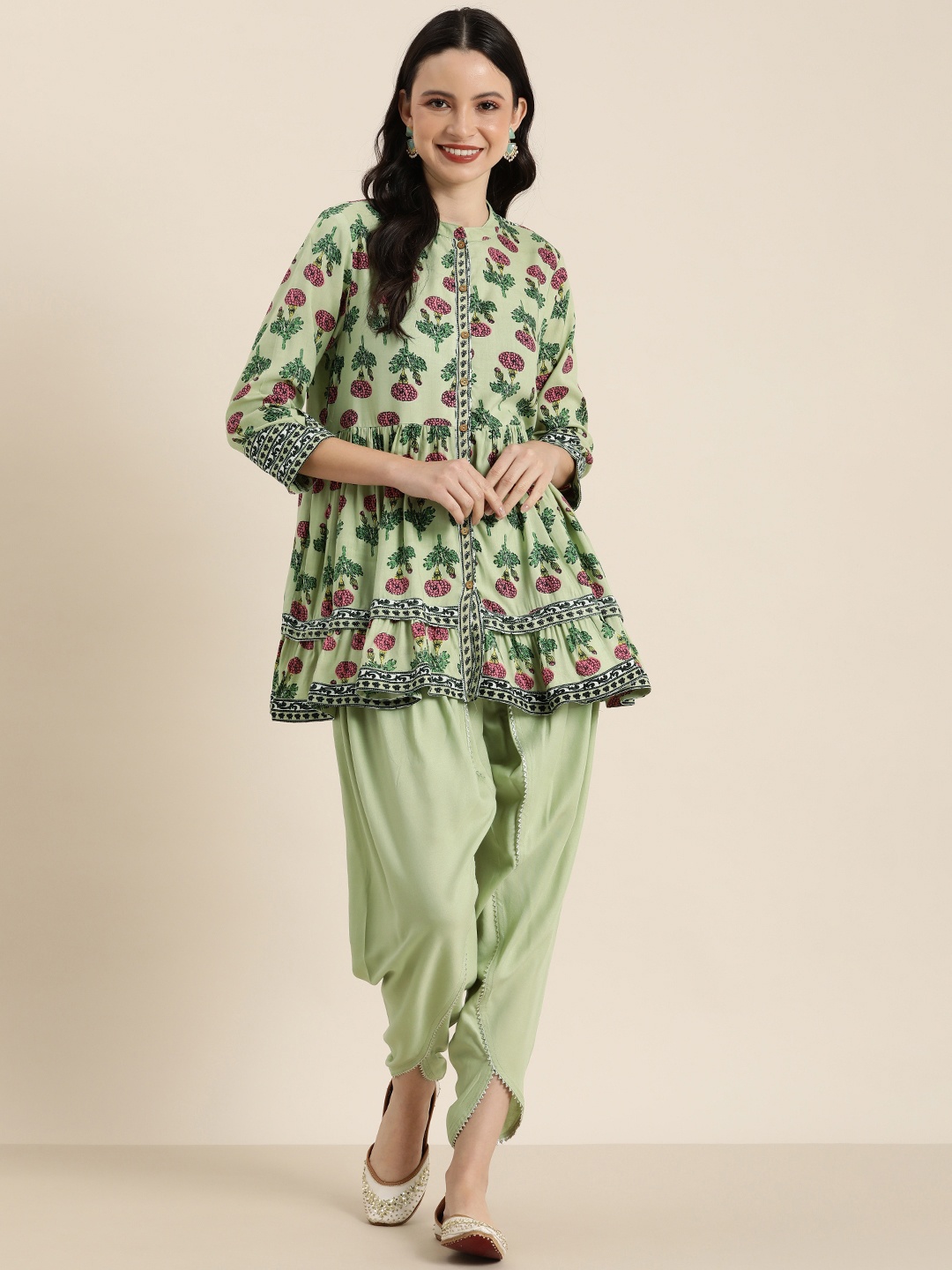 

HERE&NOW Women Printed Pleated Kurti with Dhoti Pants, Green