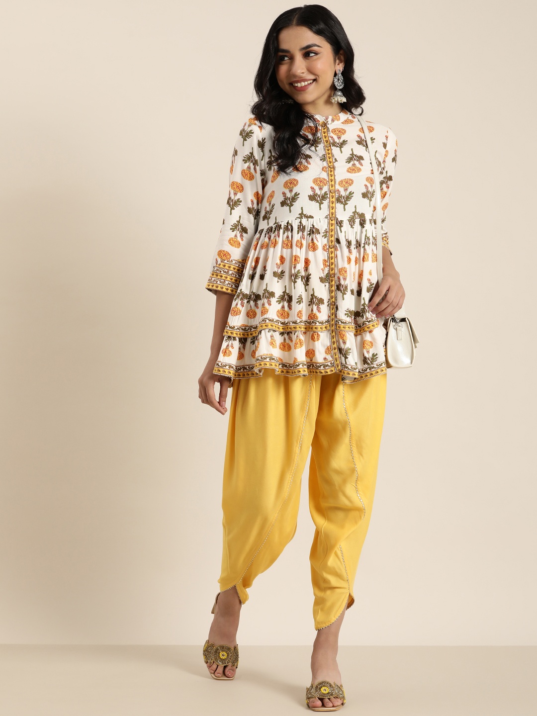 

HERE&NOW Women Printed Pleated Kurti with Dhoti Pants, White