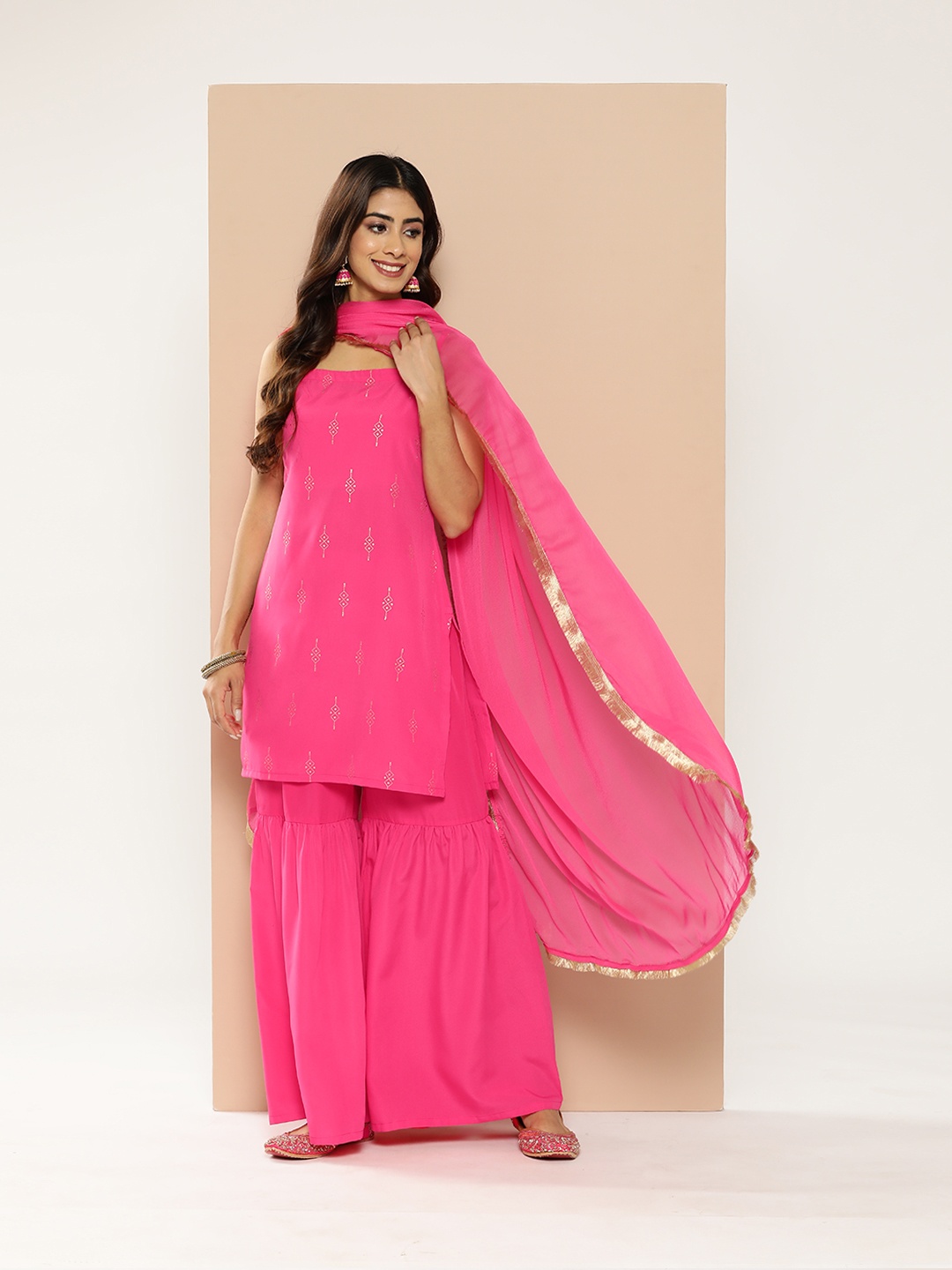 

HERE&NOW Ethnic Motifs Print Kurta with Sharara & Dupatta, Pink