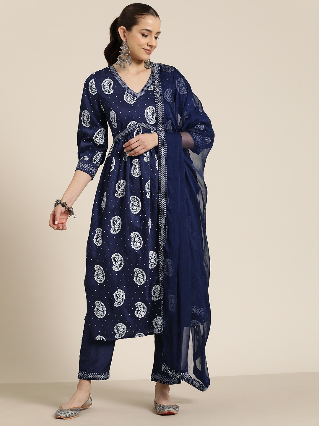

HERE&NOW Paisley Printed Empire Kurta with Trousers & Dupatta, Navy blue