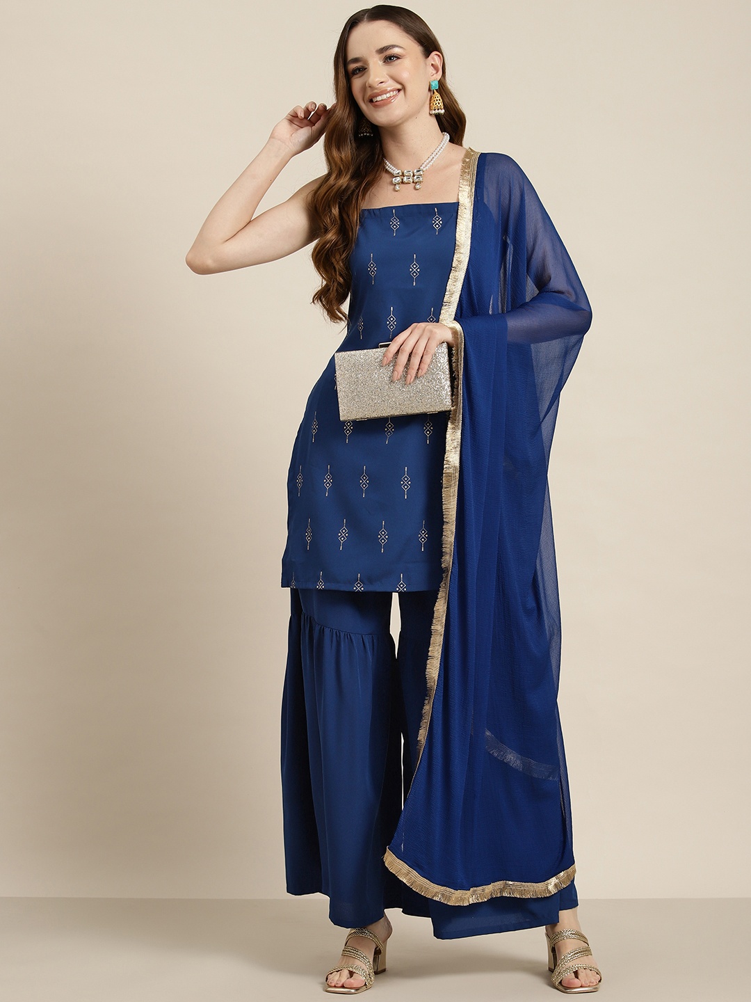 

HERE&NOW Geometric Printed Kurta with Sharara & Dupatta, Navy blue