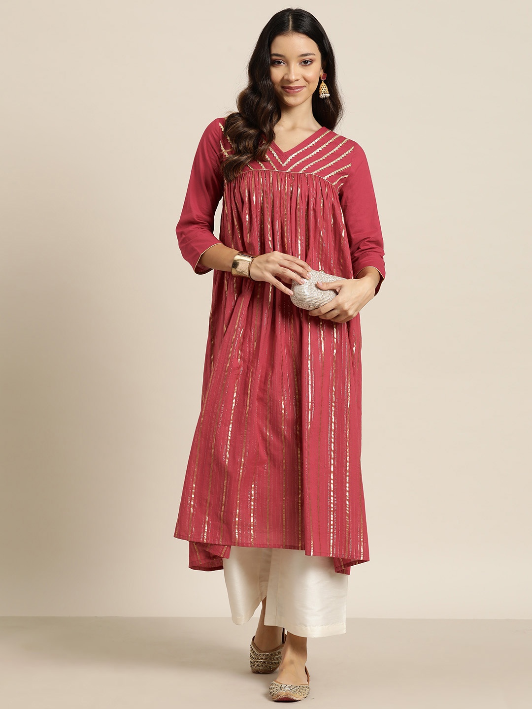 

HERE&NOW Women Striped Gotta Patti Empire Kurta, Maroon