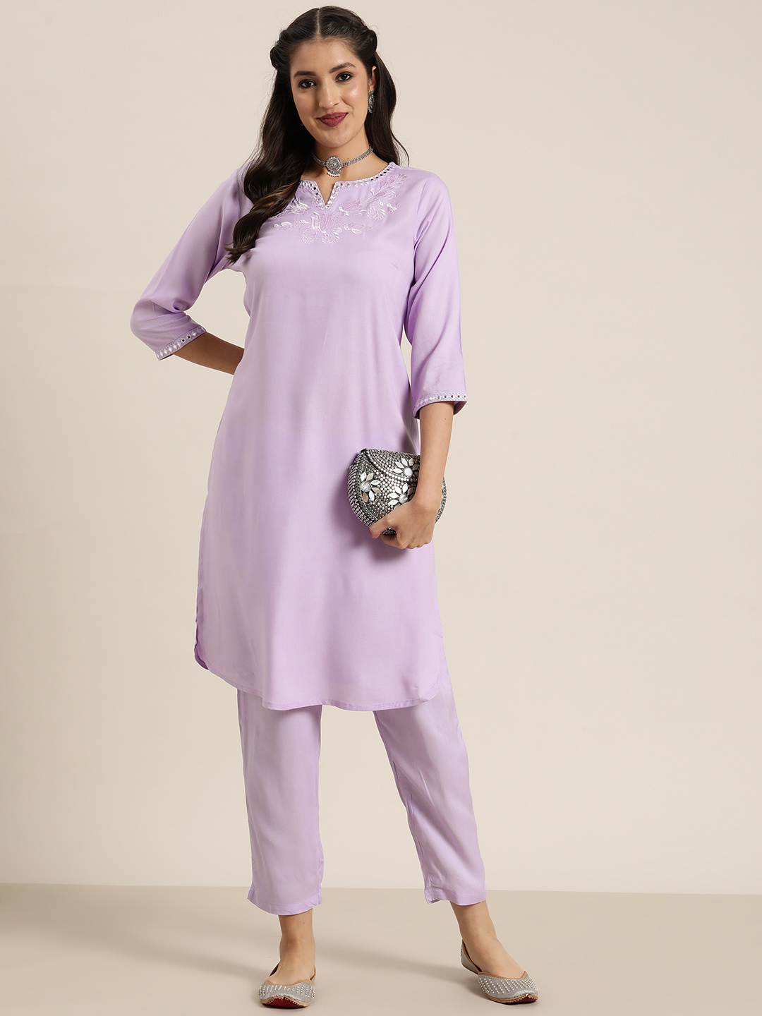 

HERE&NOW Women Embroidered Detail Work Kurta with Trousers, Lavender