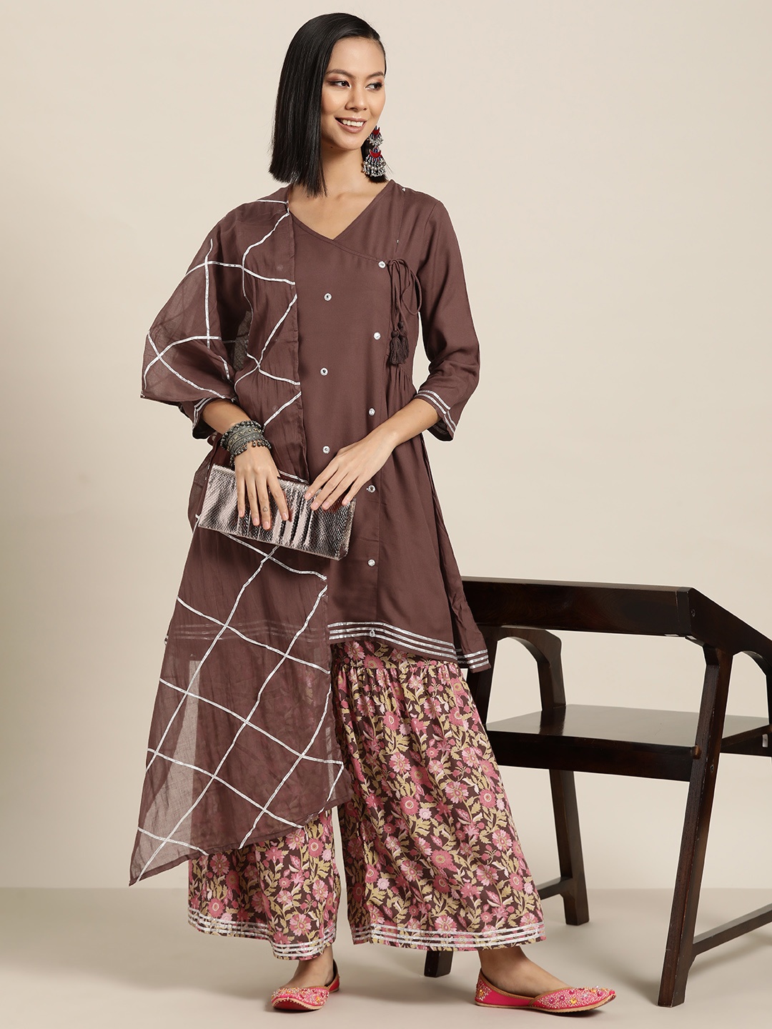 

HERE&NOW Mirror-Work Angrakha Gotta Patti Kurta with Sharara & Dupatta, Brown