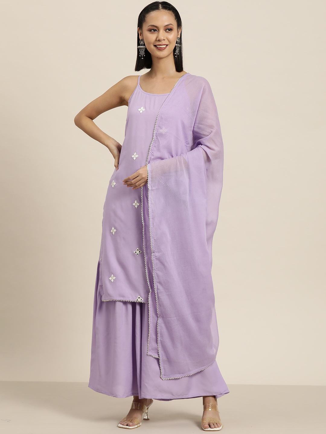 

HERE&NOW Embroidered Mirror-Work Kurta with Sharara & Dupatta, Lavender