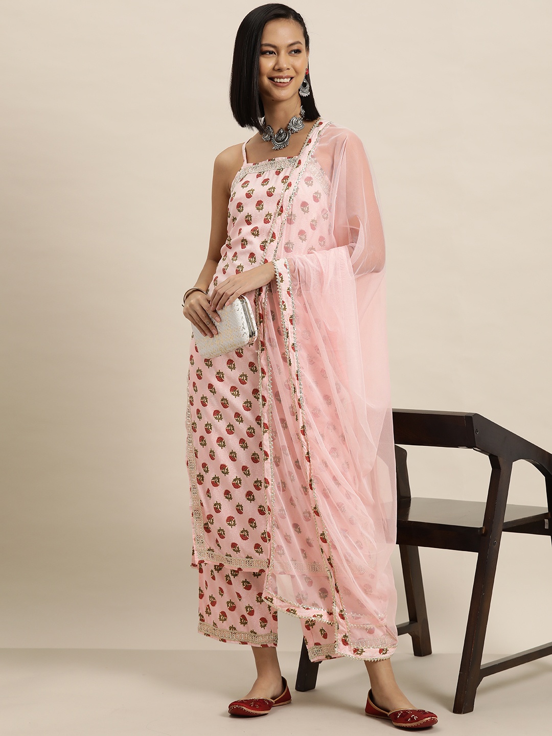 

HERE&NOW Floral Print Shoulder Straps Kurta with Palazzos & Dupatta, Pink