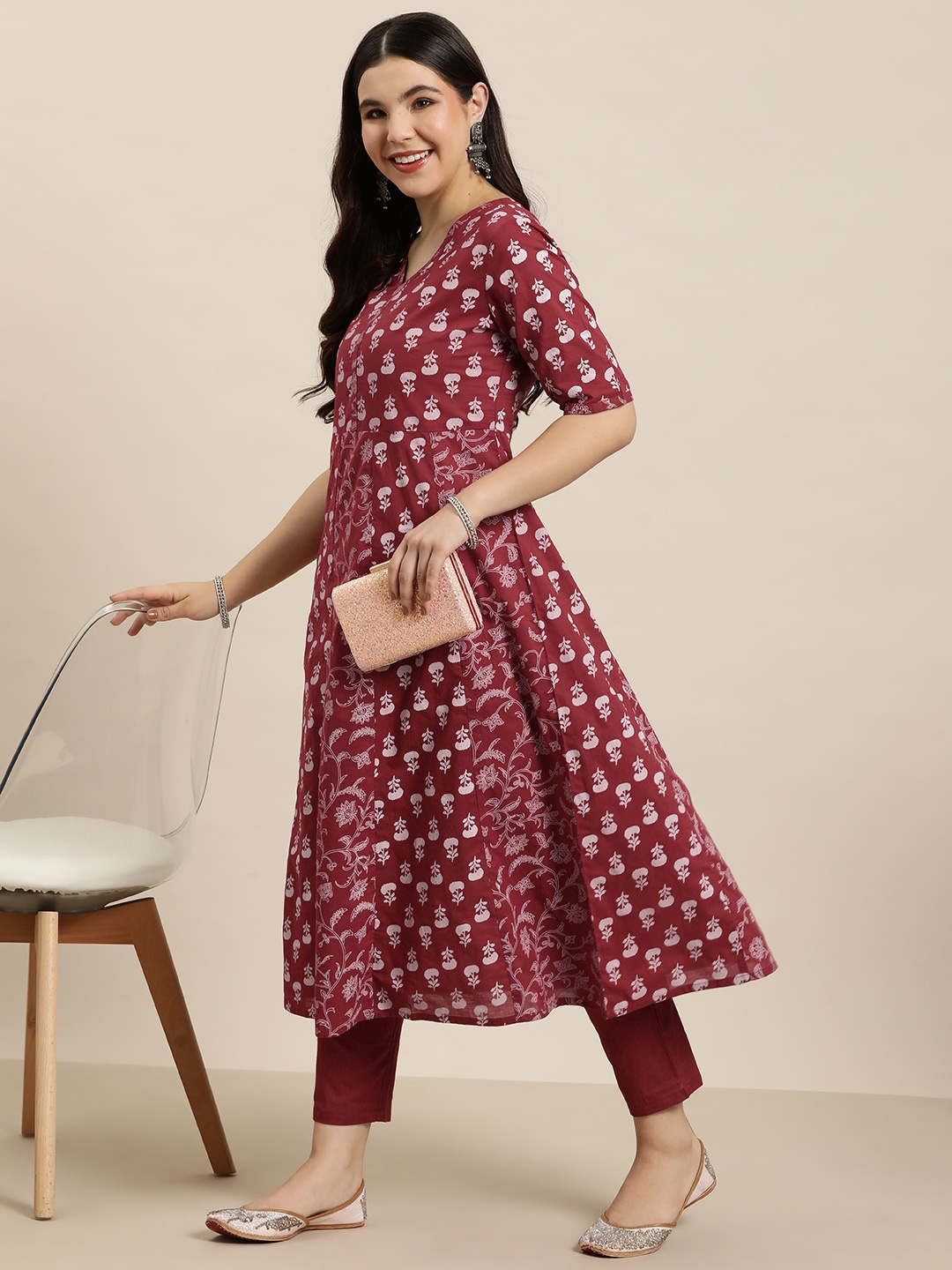 

HERE&NOW Printed Panelled Pure Cotton Kurta with Trousers, Maroon