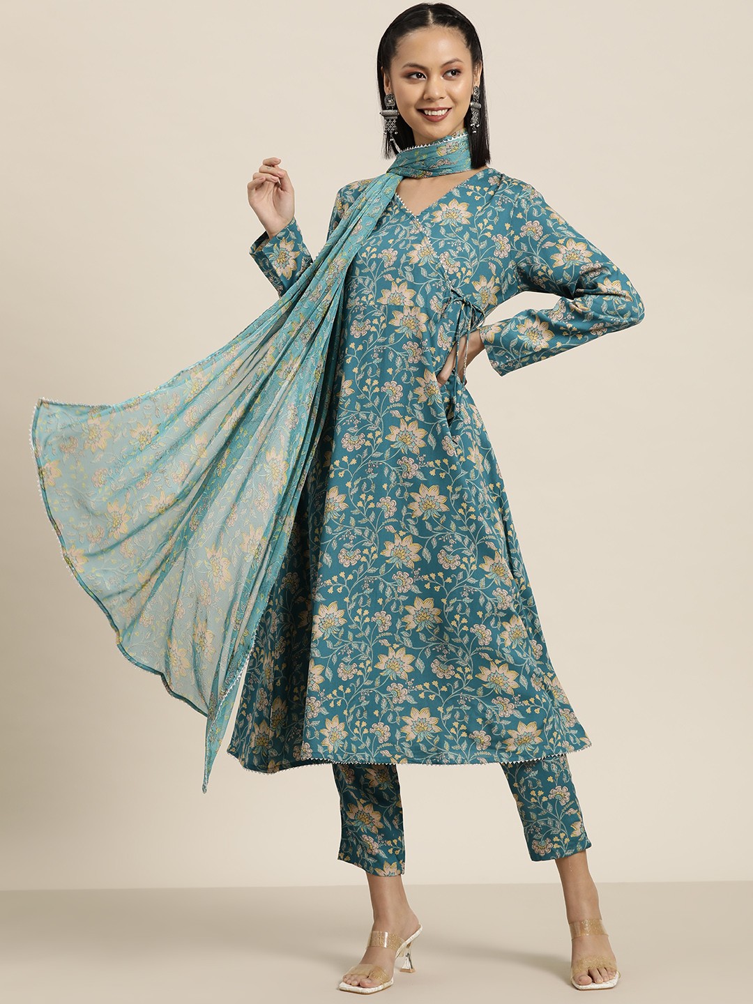 

HERE&NOW Floral Print Angrakha Gotta Patti Kurta with Trousers & Dupatta, Teal