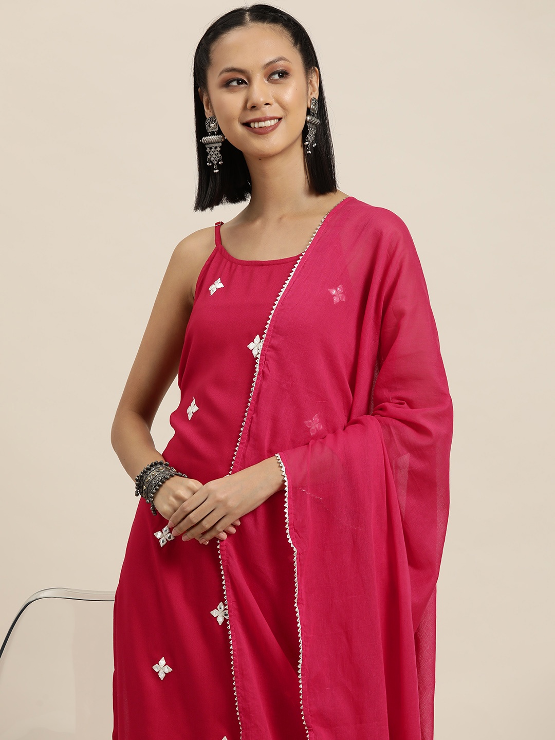 

HERE&NOW Embroidered Kurta with Sharara & Dupatta, Fuchsia