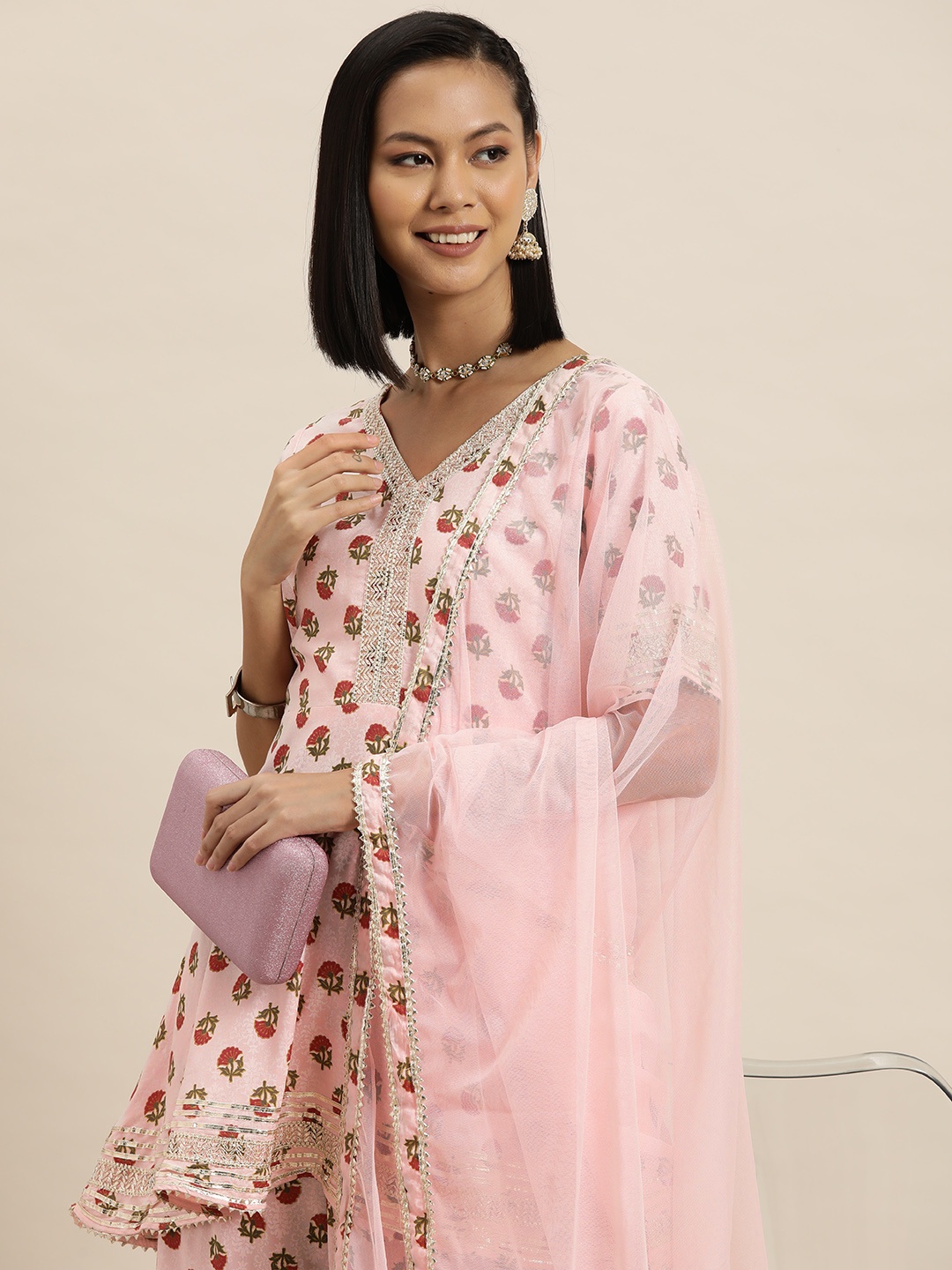 

HERE&NOW Printed Gotta Patti Kurti with Sharara & Dupatta, Pink