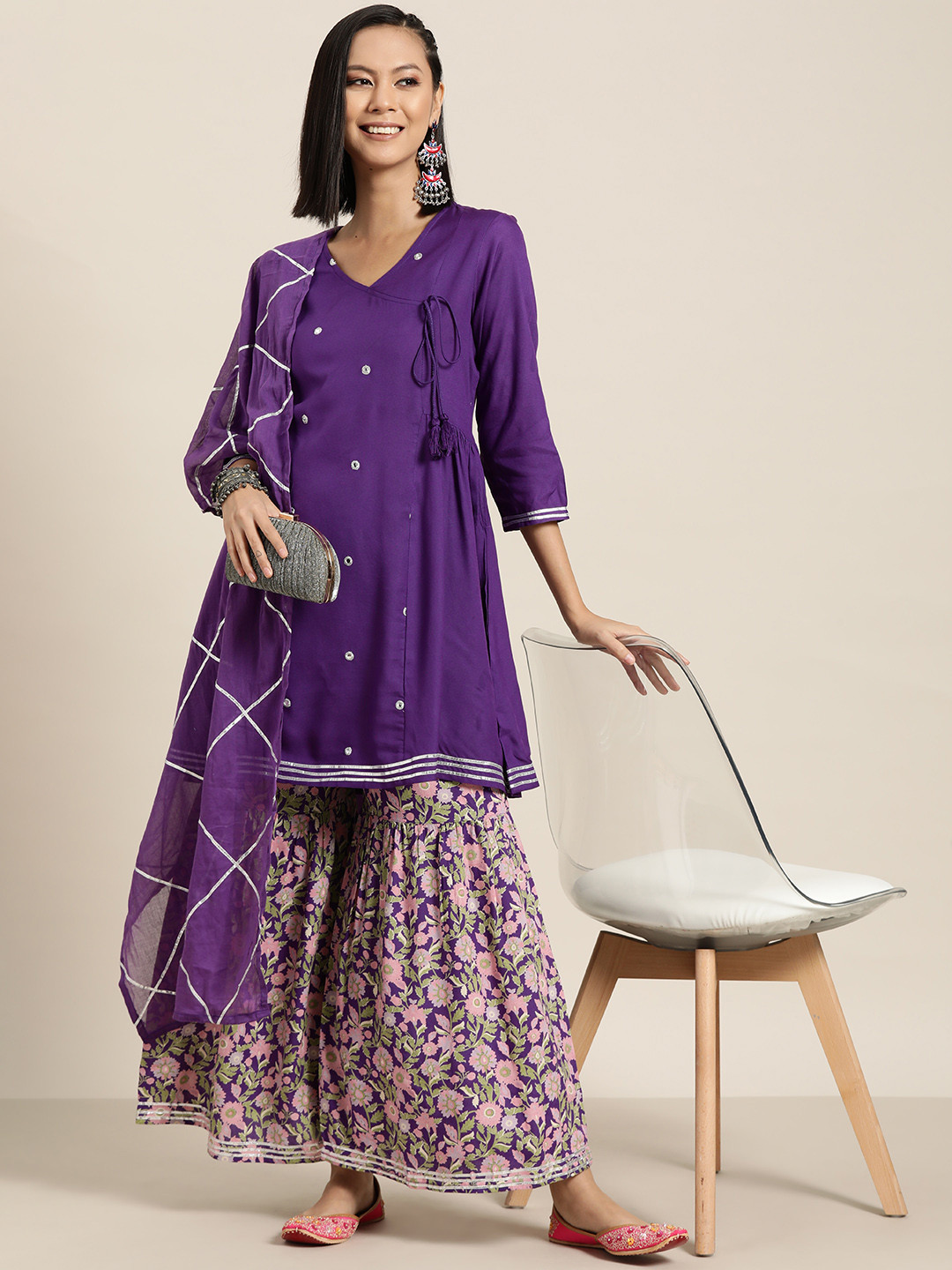 

HERE&NOW Mirror-Work Angrakha Gotta Patti Kurta with Sharara & Dupatta, Purple