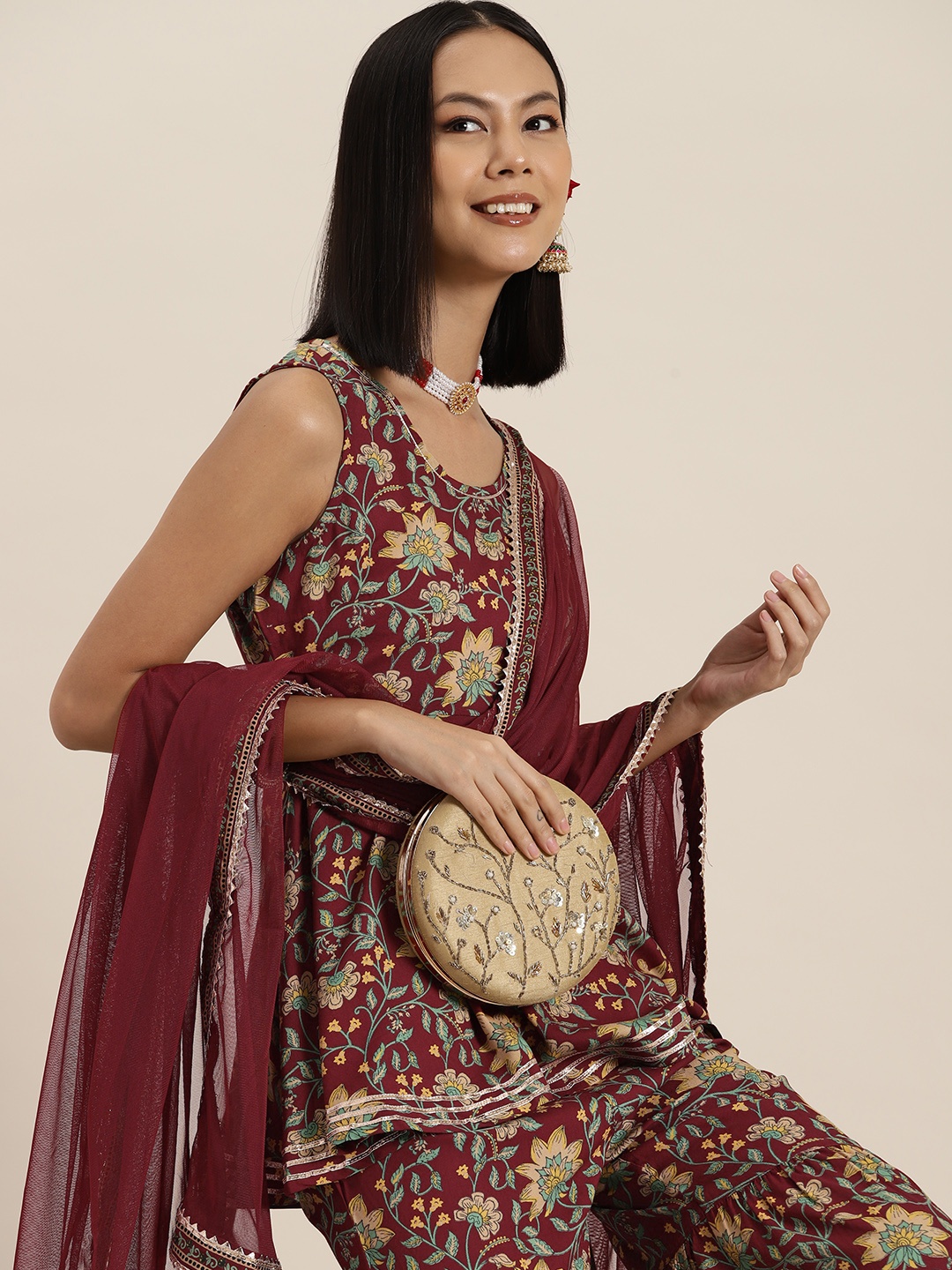 

HERE&NOW Floral Print Kurti with Sharara & Dupatta, Maroon