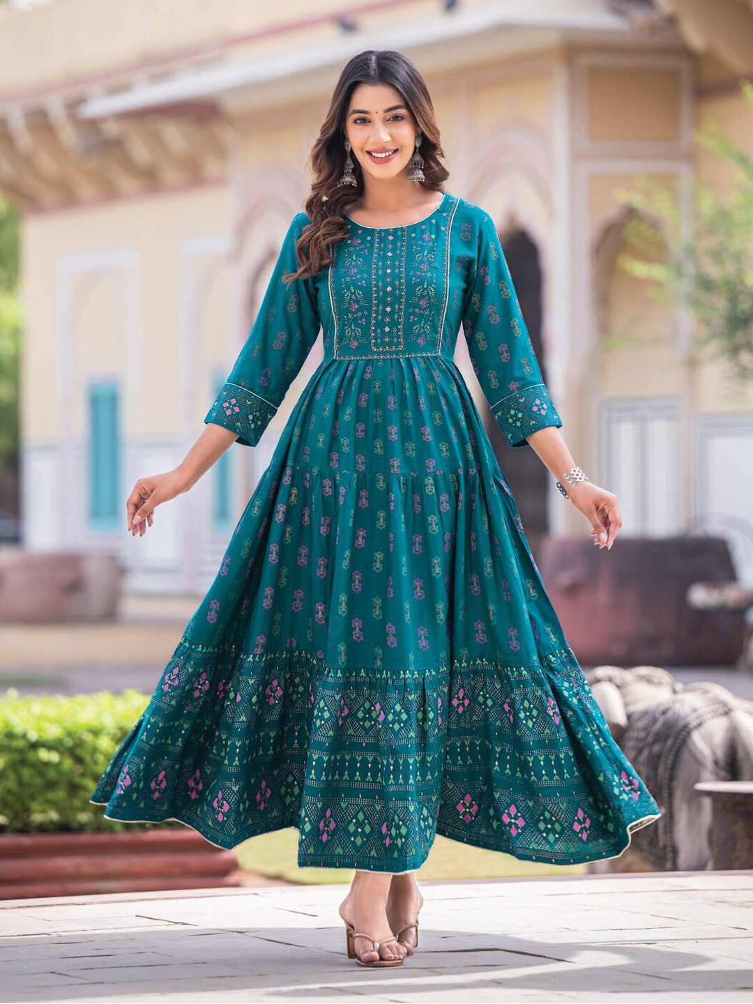 

Kiana Ethnic Motifs Printed Mirror Work Fit & Flare Ethnic Dress, Teal