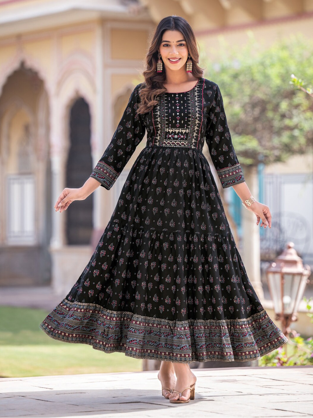 

Kiana House Of Fashion Ethnic Motifs Printed Mirror Work Fit & Flare Ethnic Dress, Black