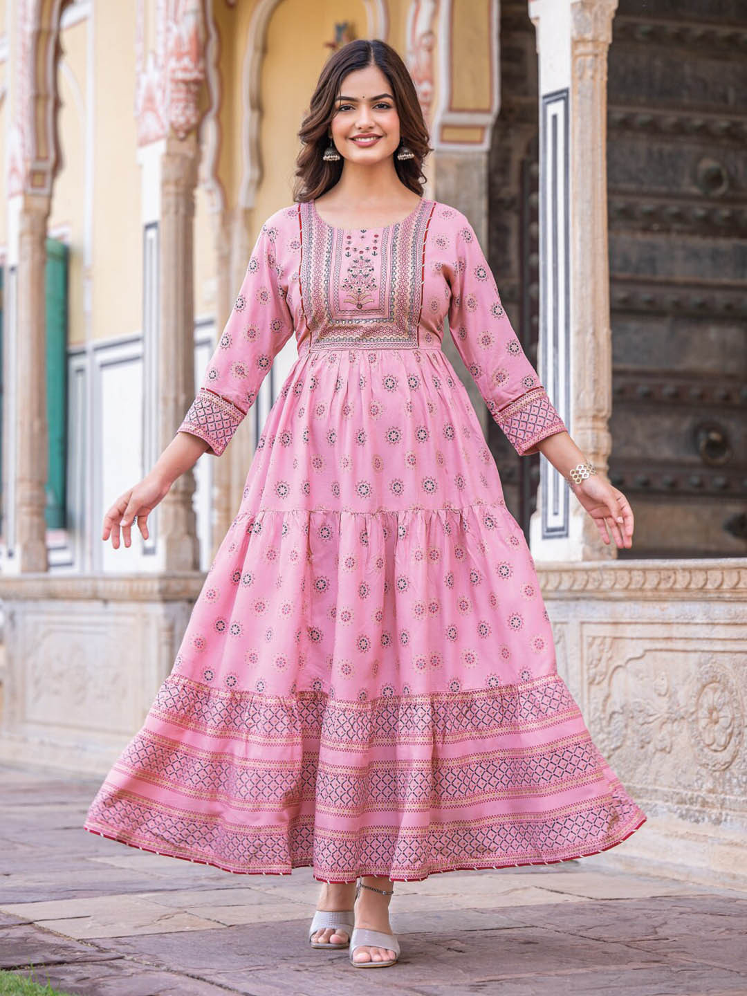 

Kiana House Of Fashion Ethnic Motifs Printed Embellished Fit and Flare Maxi Dress, Pink